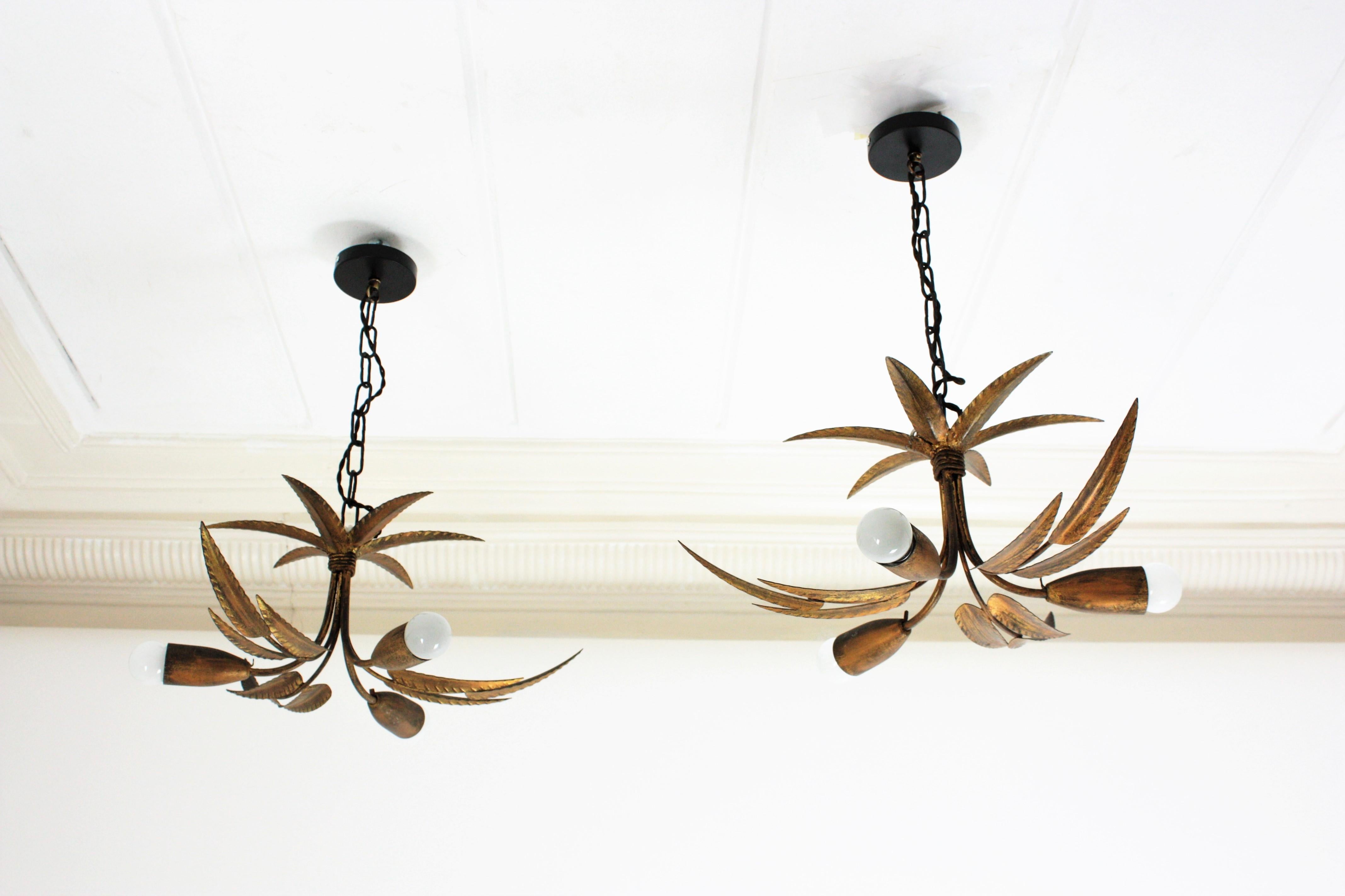 Pair of Palmette Chandeliers or Pendants in Gilt Iron with Leaves Design 4