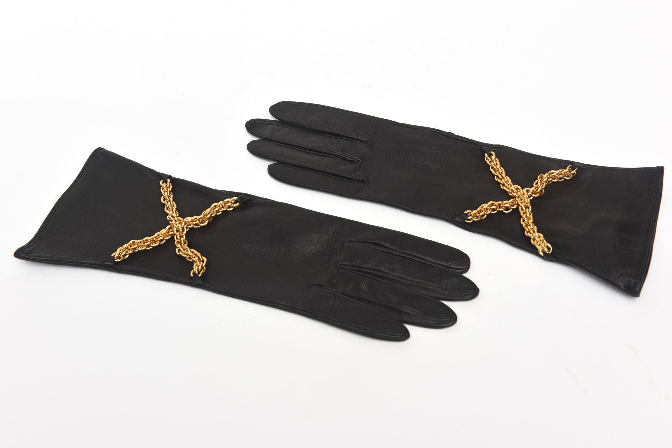  Paloma Picasso Back Leather and Brass Chain Gloves Pair Of 4