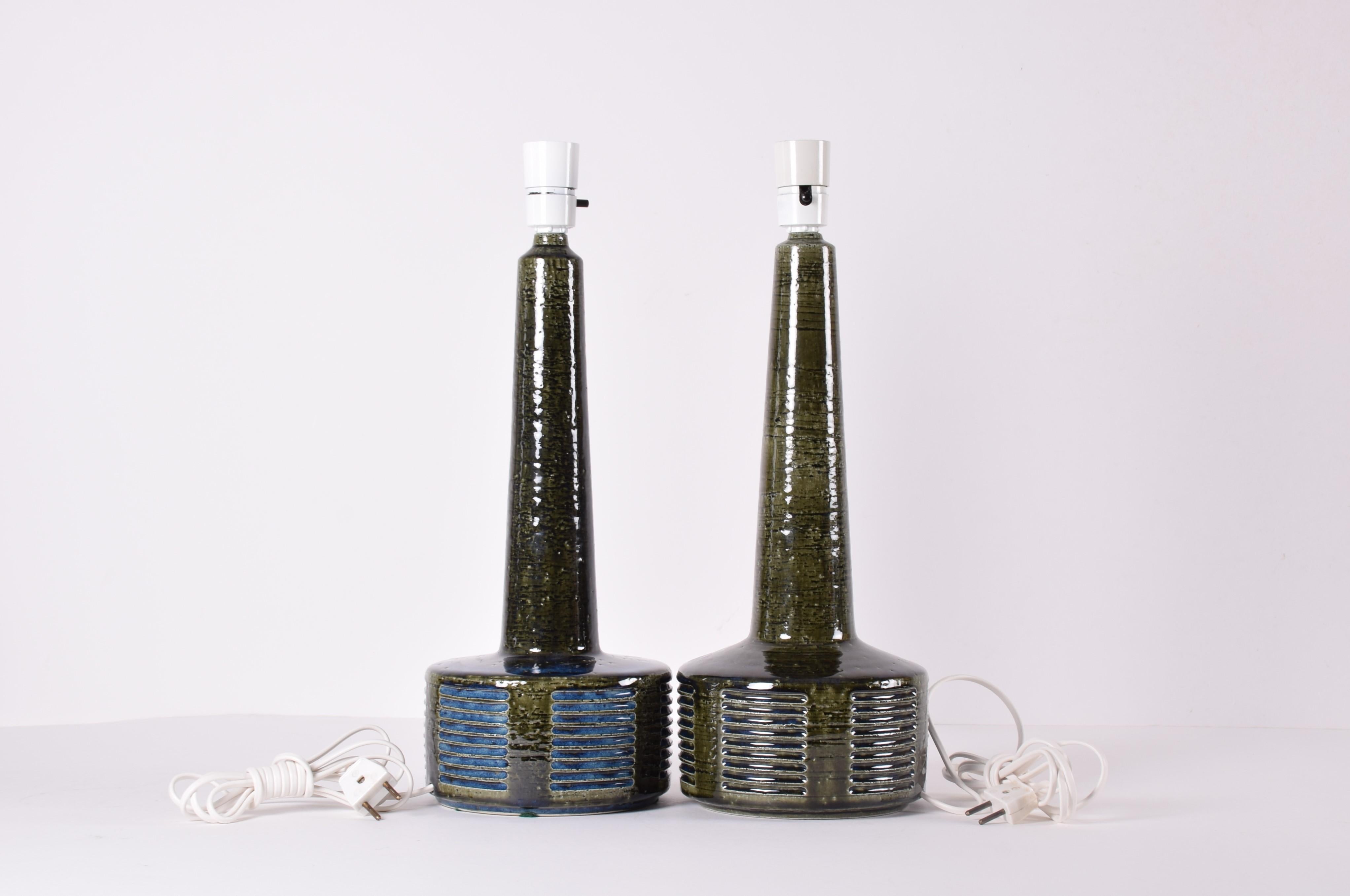 Mid-20th Century Pair of Palshus Tall Table Lamps Green and Blue Danish Midcentury Ceramic, 1960s