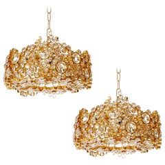 Pair of Palwa Chandeliers or Pendant Lights, Gilt Brass and Crystal Glass, 1960s