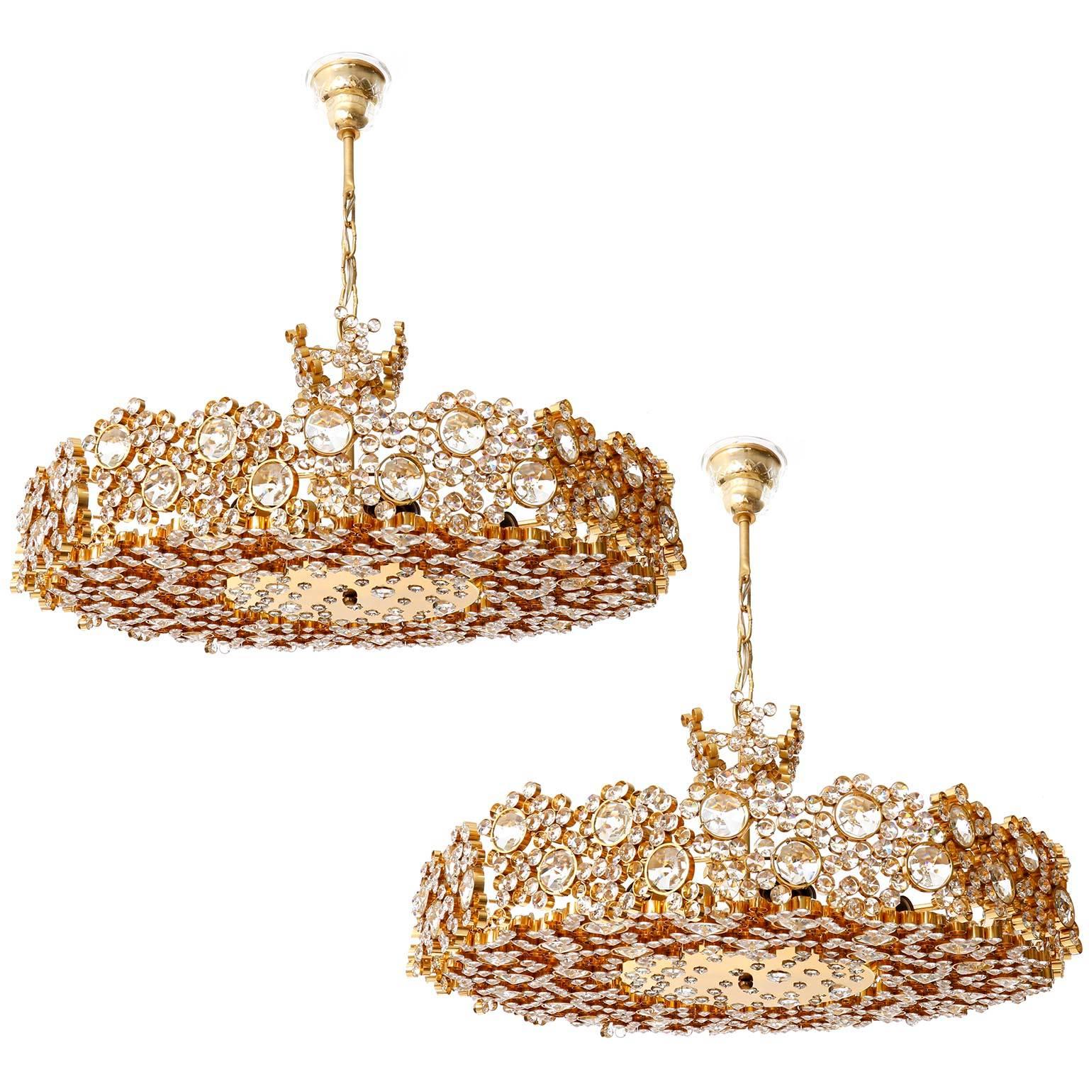Two Palwa Chandeliers or Pendant Lights, Gilt Brass and Crystal Glass, 1970s