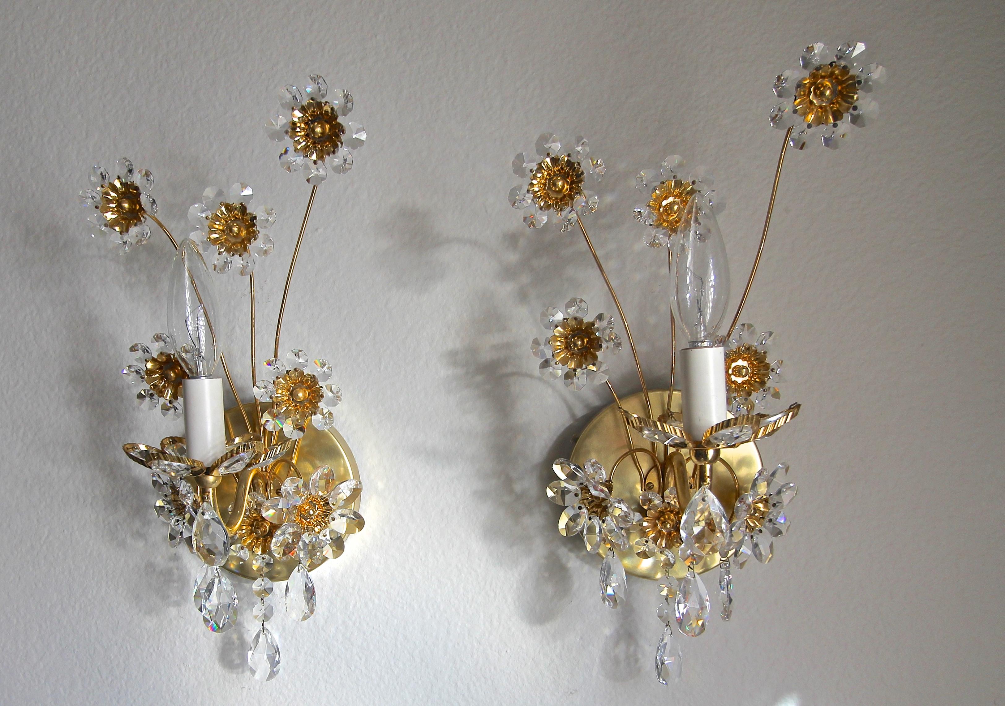 Pair of Palwa Crystal and Gilt Brass Floral Flower Wall Sconces 4