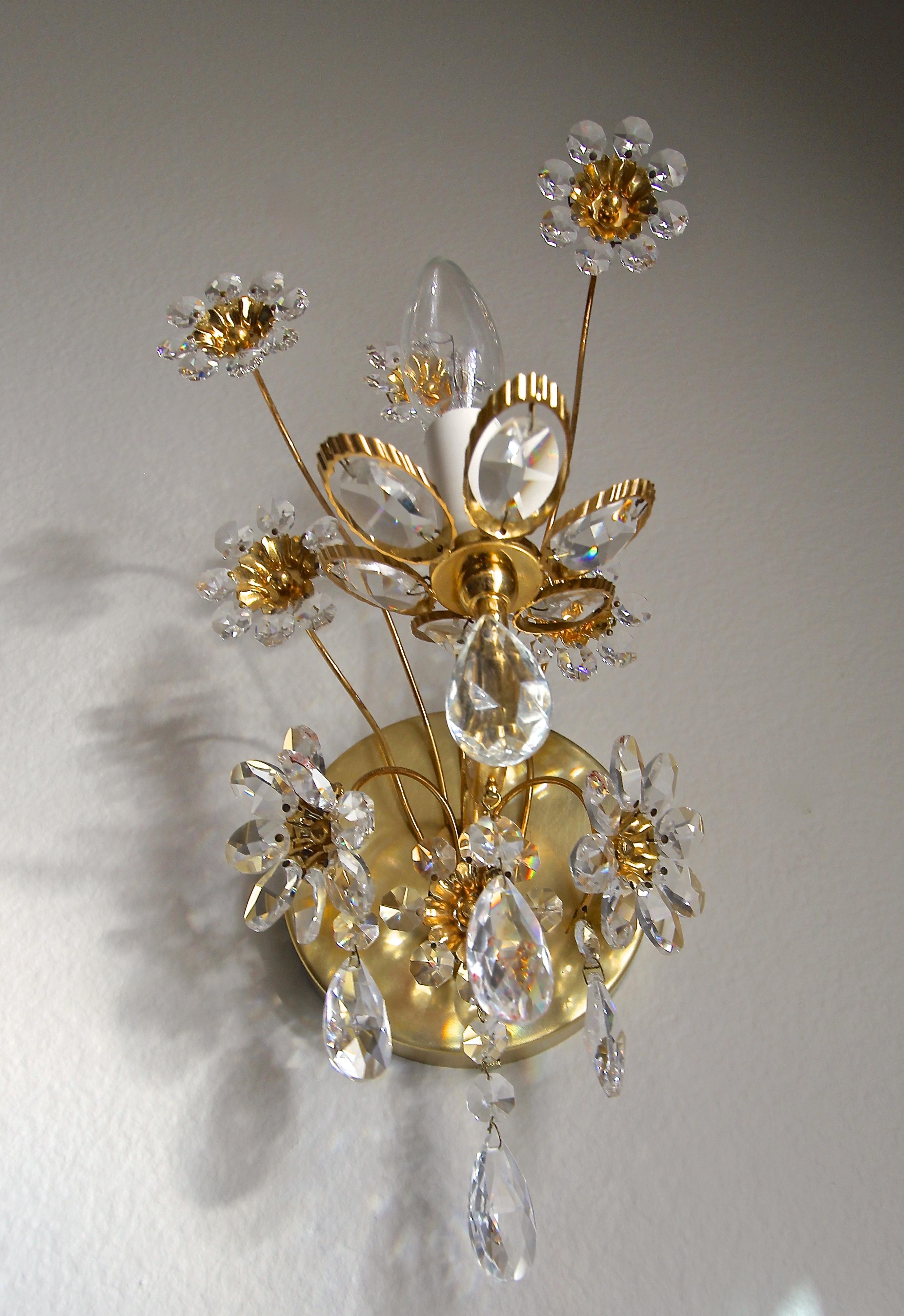 Pair of Palwa Crystal and Gilt Brass Floral Flower Wall Sconces 5