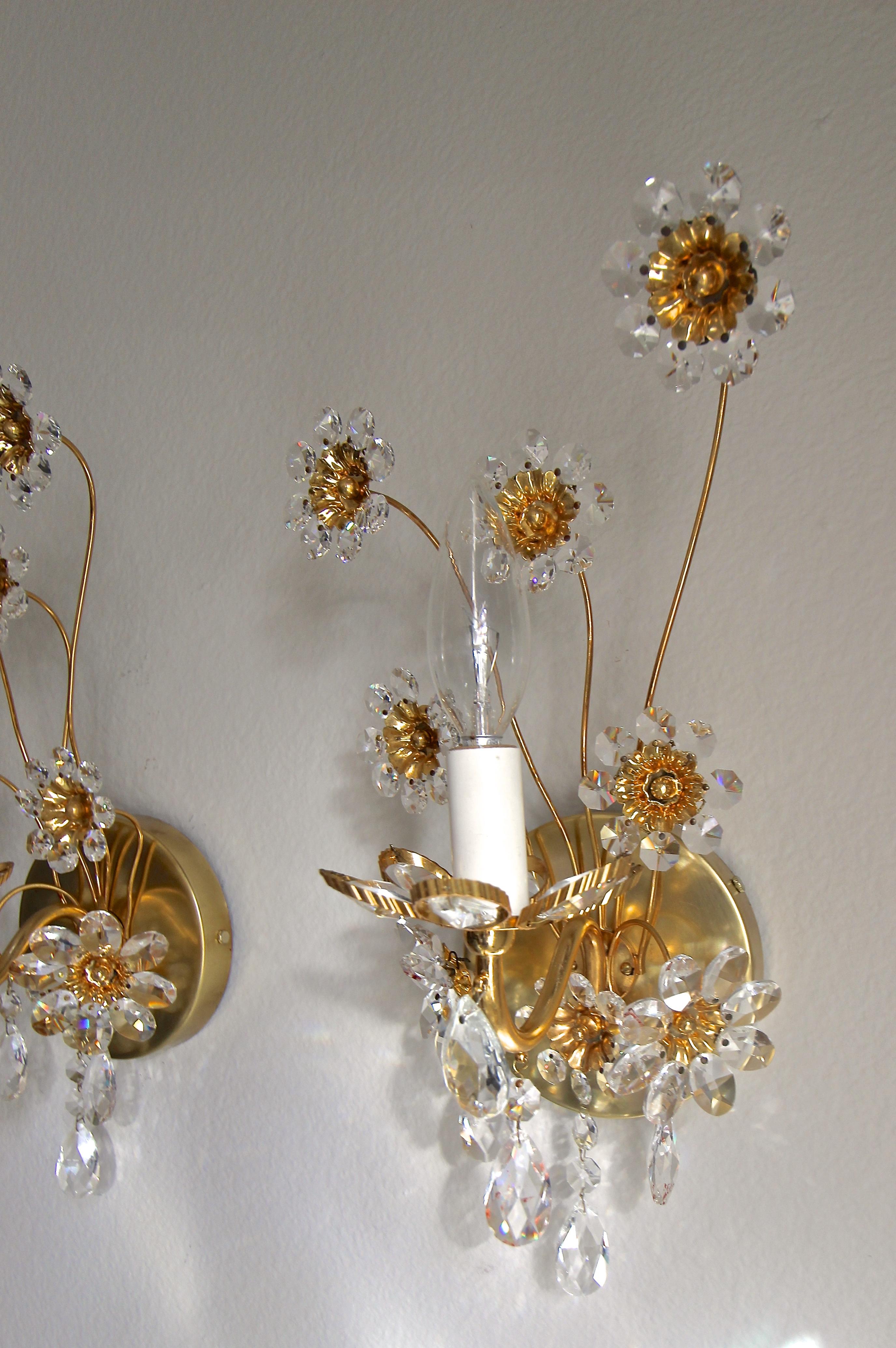 Pair of Palwa Crystal and Gilt Brass Floral Flower Wall Sconces 6