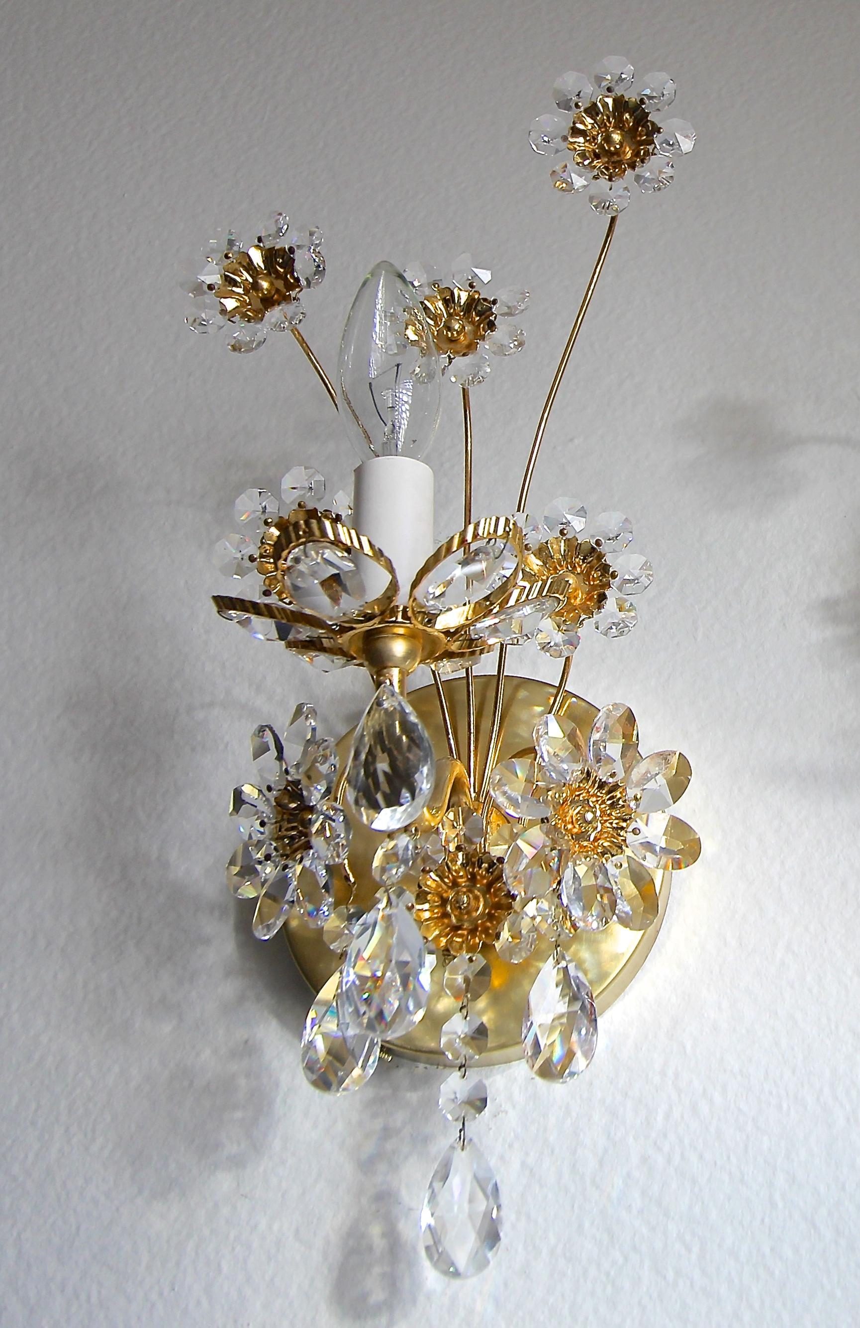 Pair of Palwa Crystal and Gilt Brass Floral Flower Wall Sconces 7