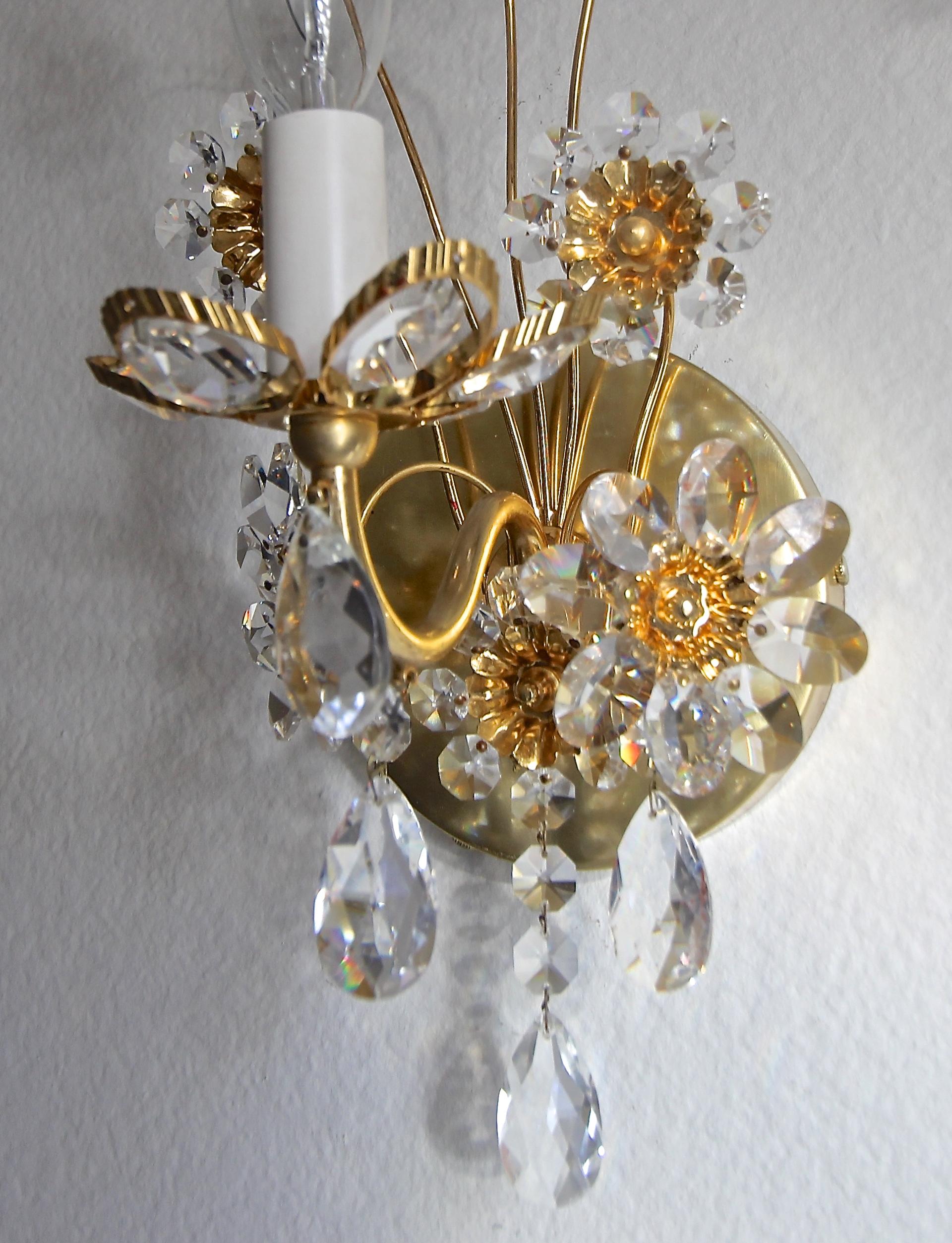 Pair of Palwa Crystal and Gilt Brass Floral Flower Wall Sconces 8
