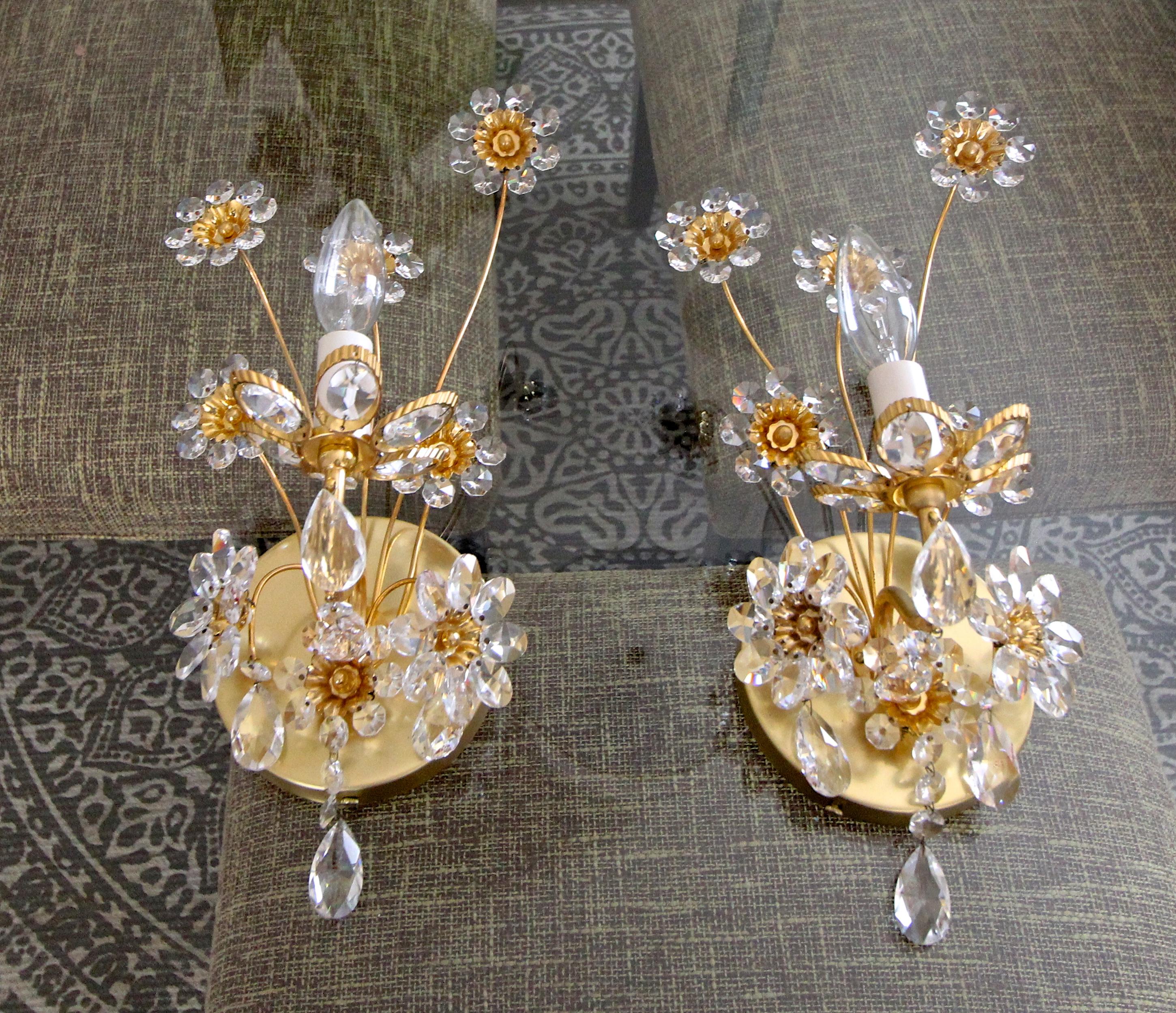 Pair of Palwa Crystal and Gilt Brass Floral Flower Wall Sconces 10