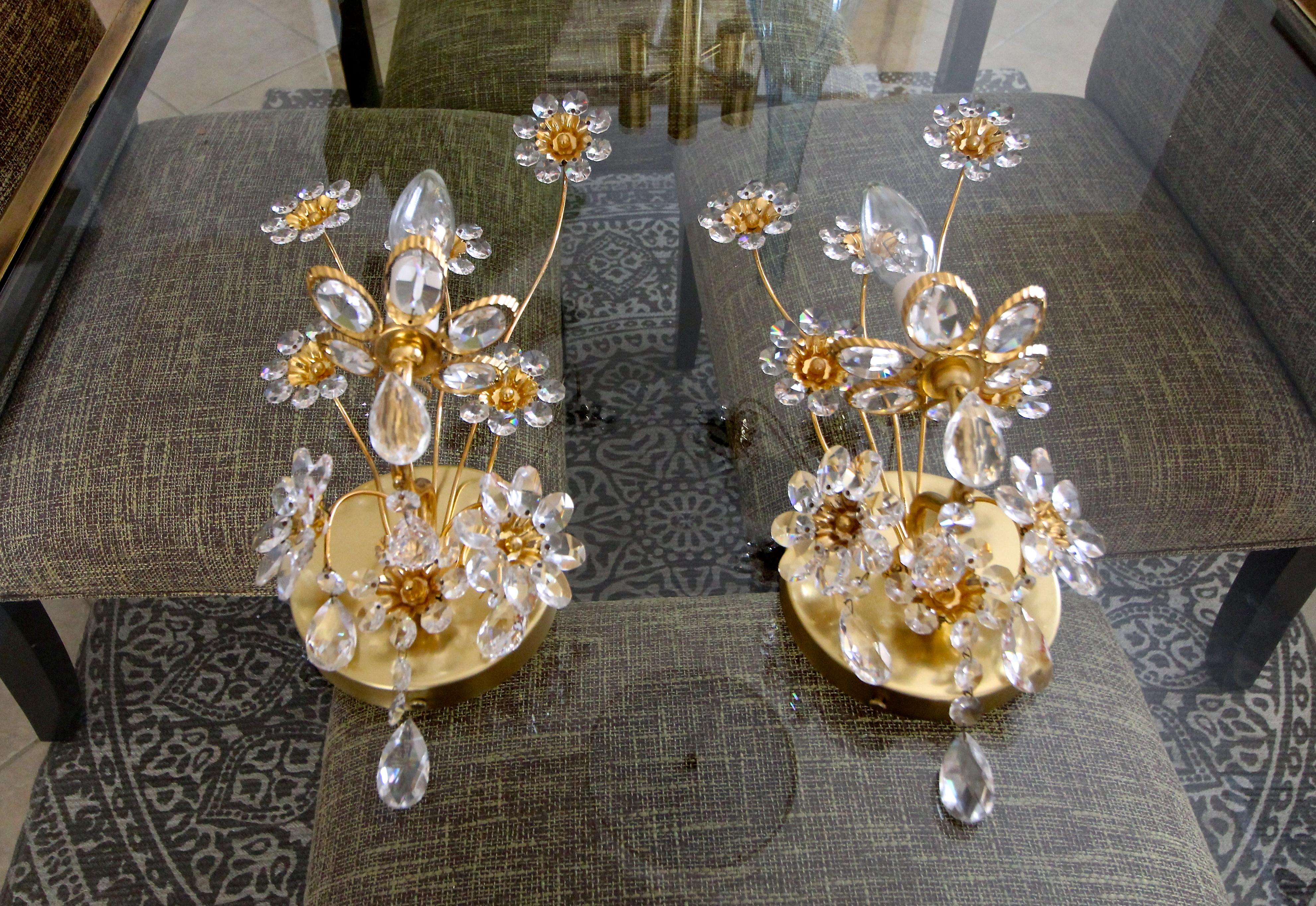 German Pair of Palwa Crystal and Gilt Brass Floral Flower Wall Sconces