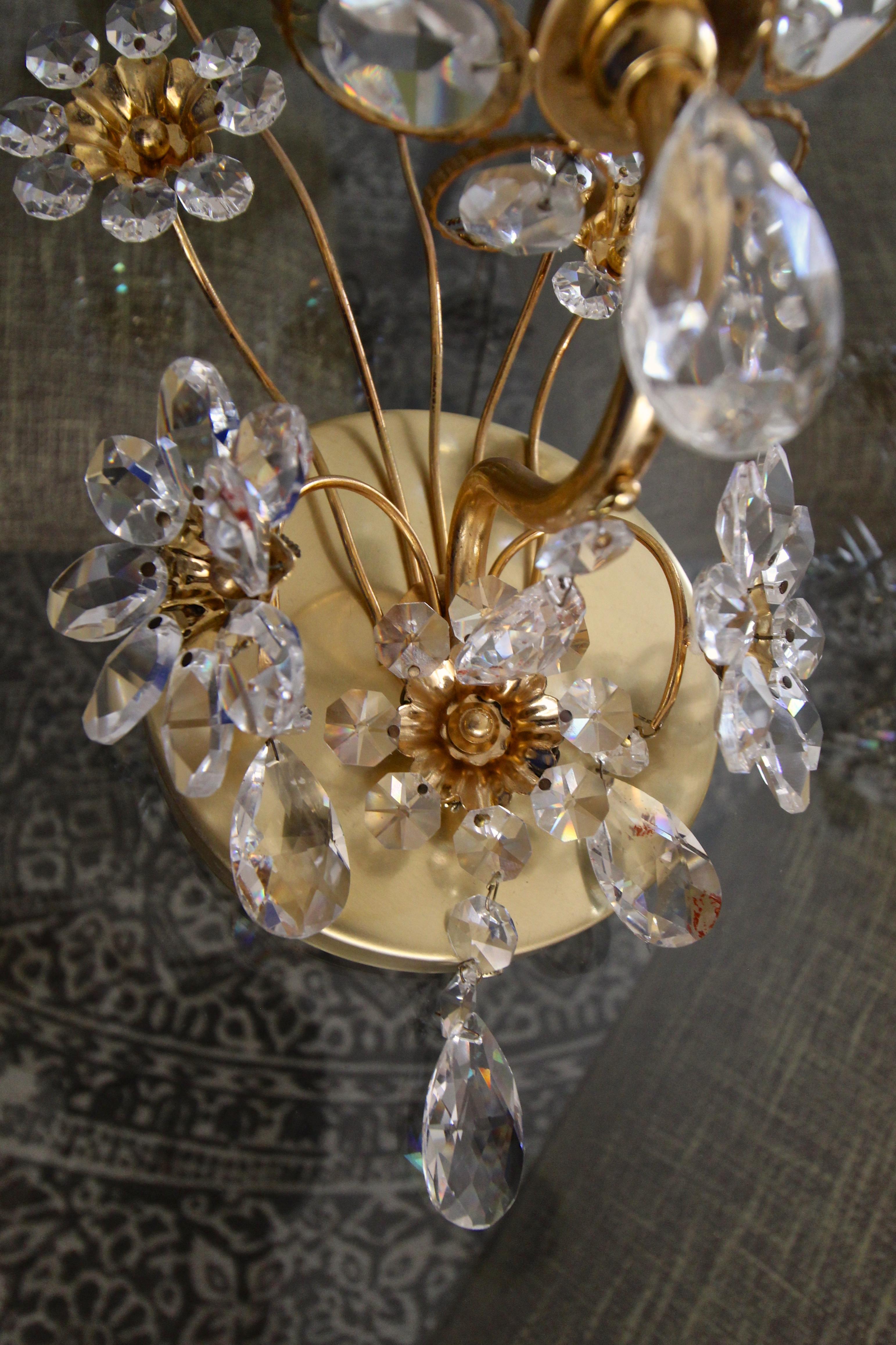 Metal Pair of Palwa Crystal and Gilt Brass Floral Flower Wall Sconces