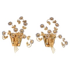 Pair of Palwa Crystal and Gold Floral Flower Wall Sconces