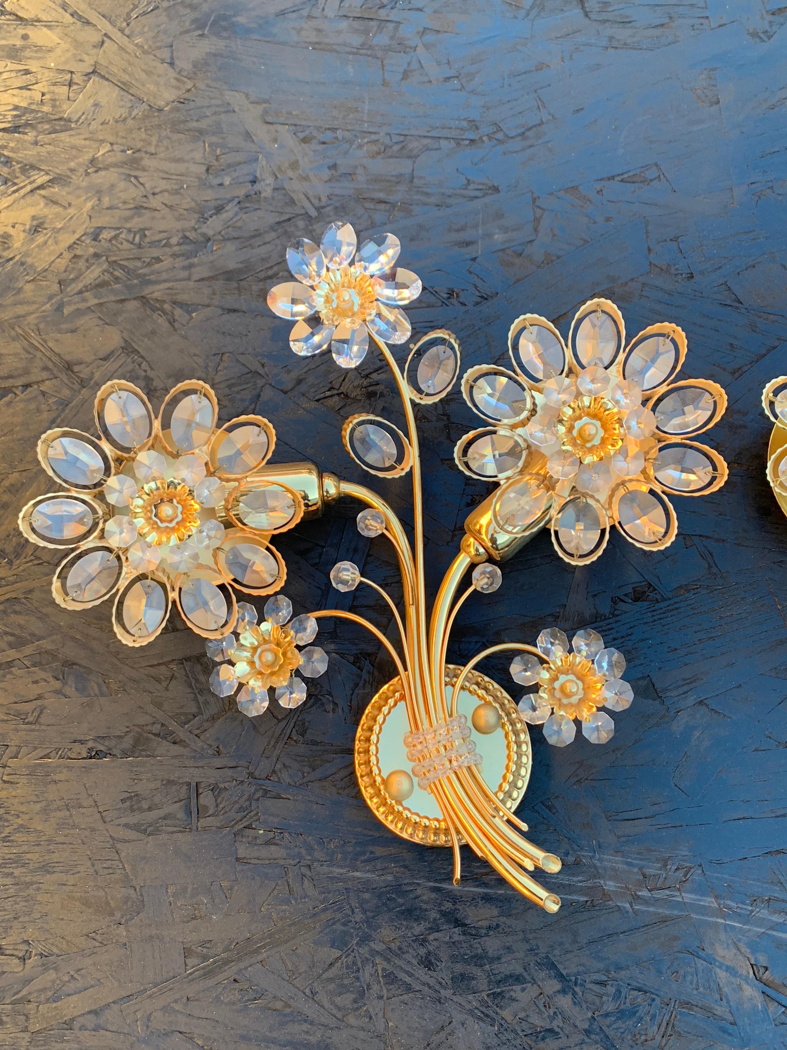 Hollywood Regency Pair of Palwa Floral Crystal Sconces