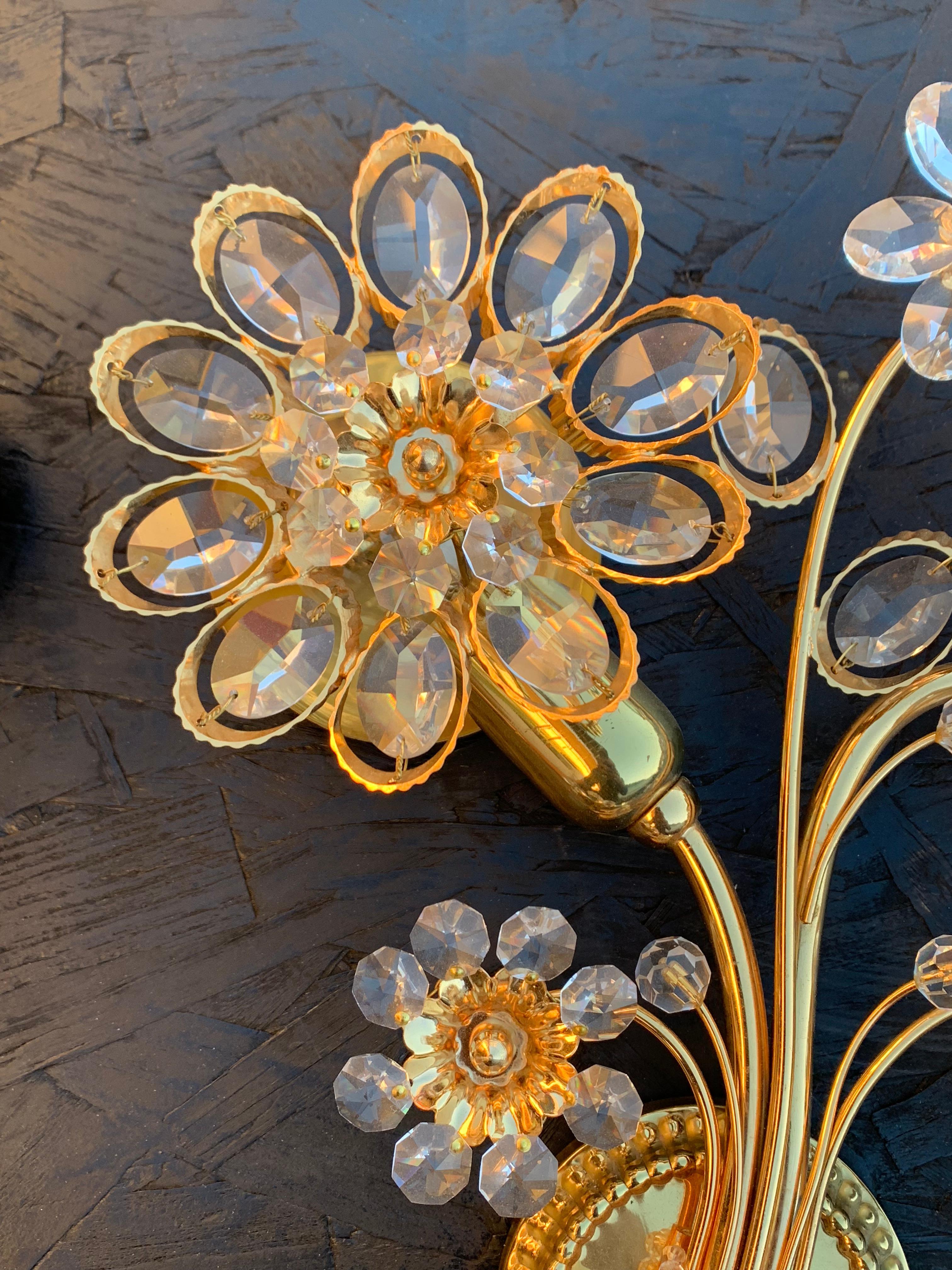Brass Pair of Palwa Floral Crystal Sconces