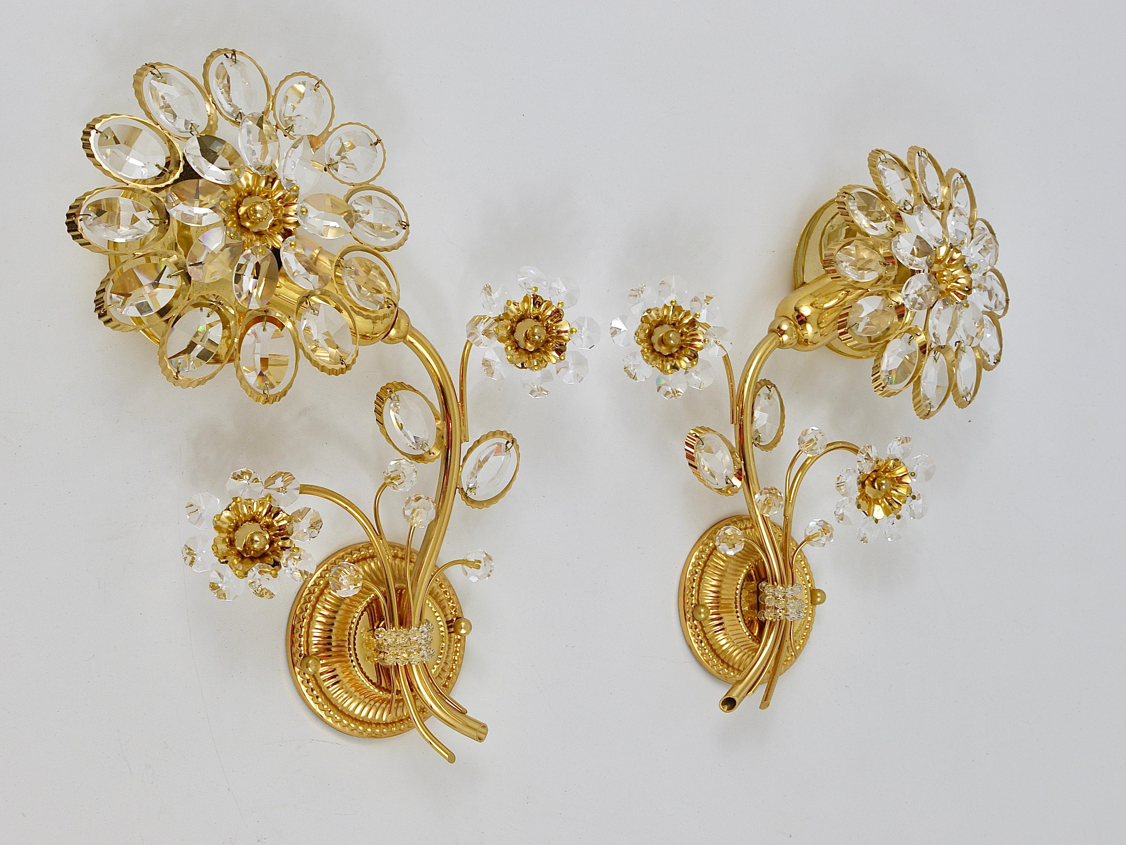 Pair of Palwa Gilt Brass Flower Wall Lights with Crystals, Germany, 1970s For Sale 5