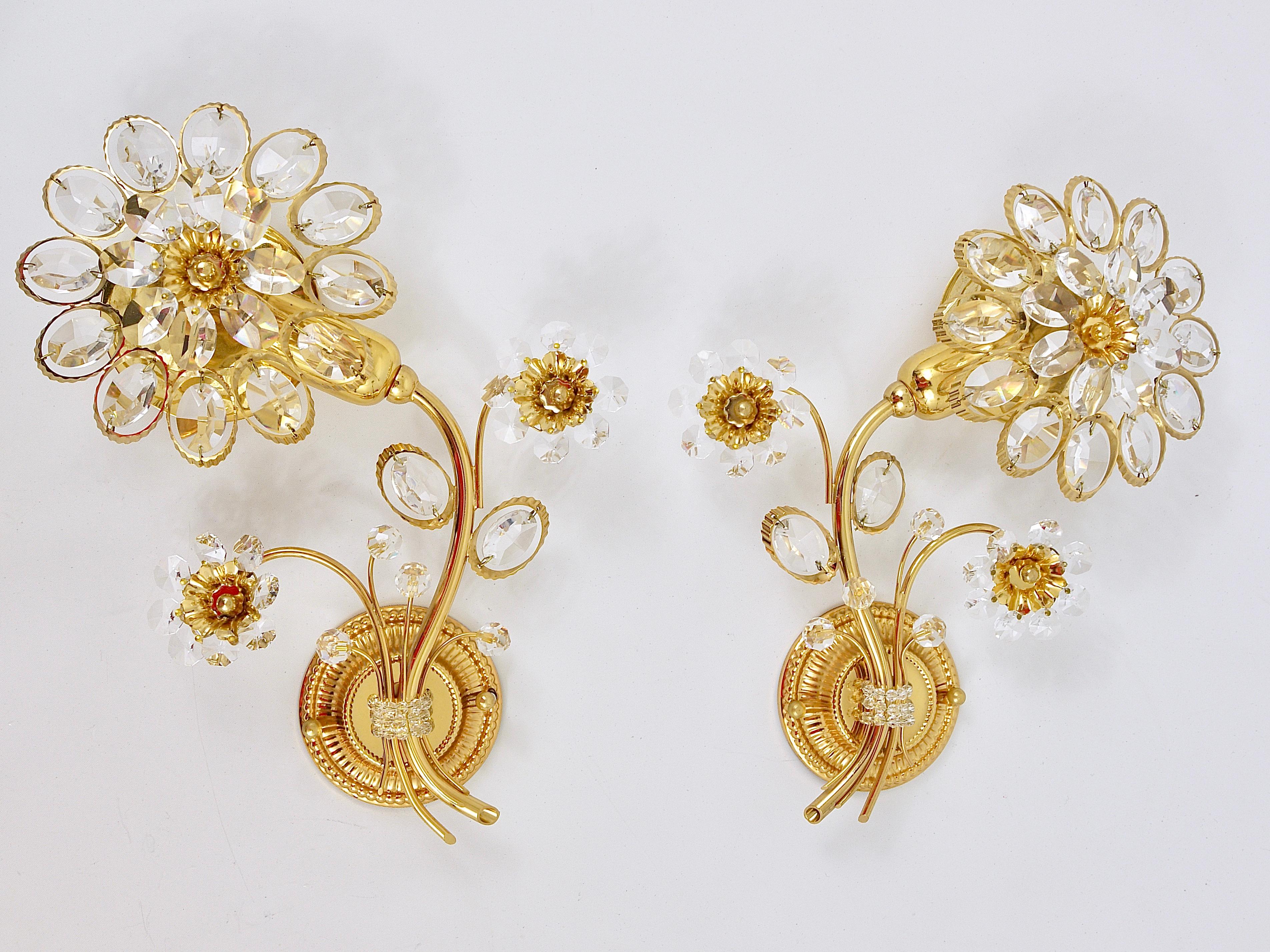 Pair of Palwa Gilt Brass Flower Wall Lights with Crystals, Germany, 1970s For Sale 1