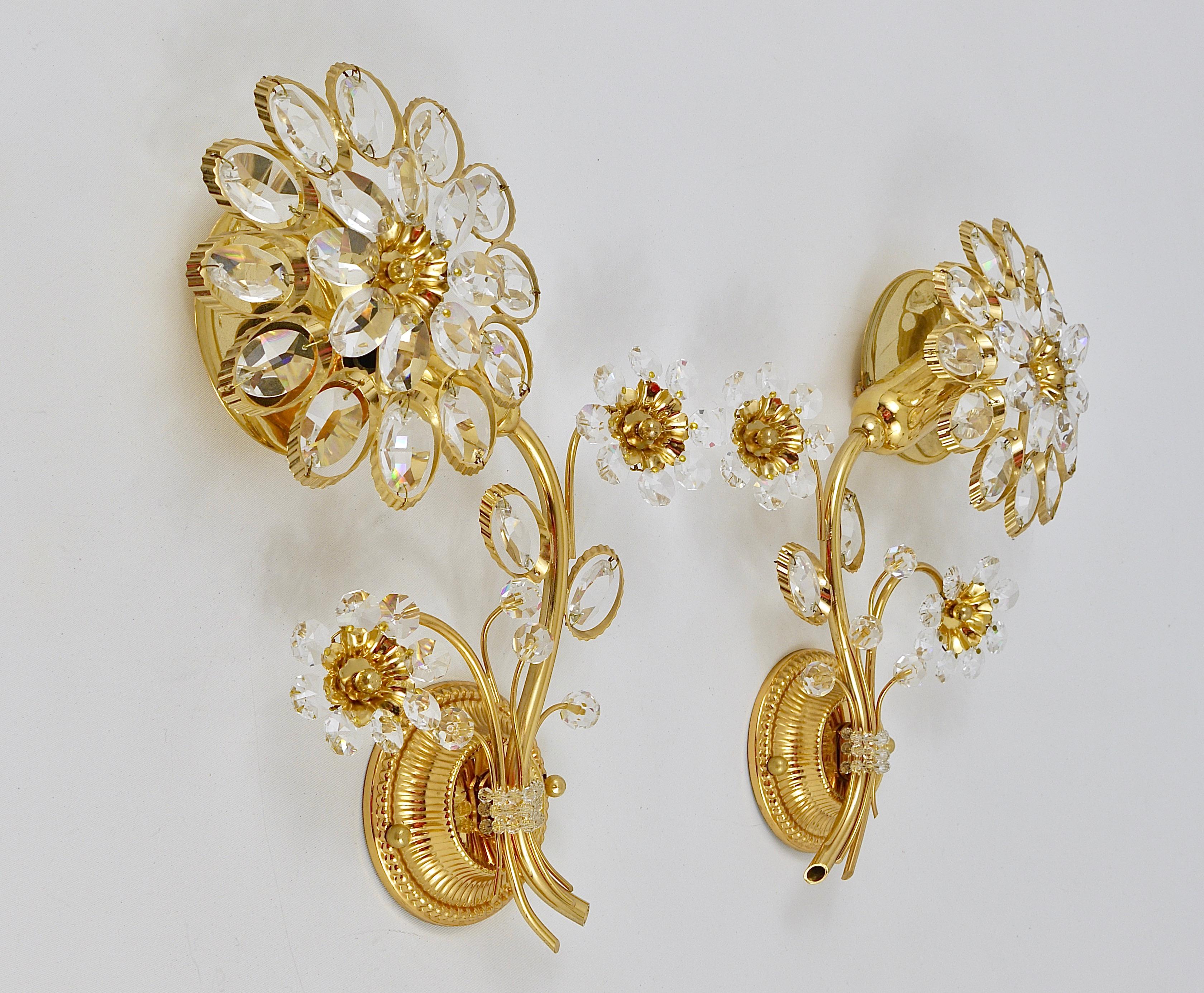 Pair of Palwa Gilt Brass Flower Wall Lights with Crystals, Germany, 1970s For Sale 3