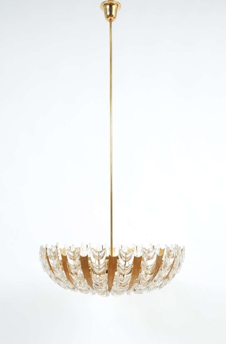 Gilt Pair of Palwa Large Gold Brass and Glass Chandelier Lamps, 1960