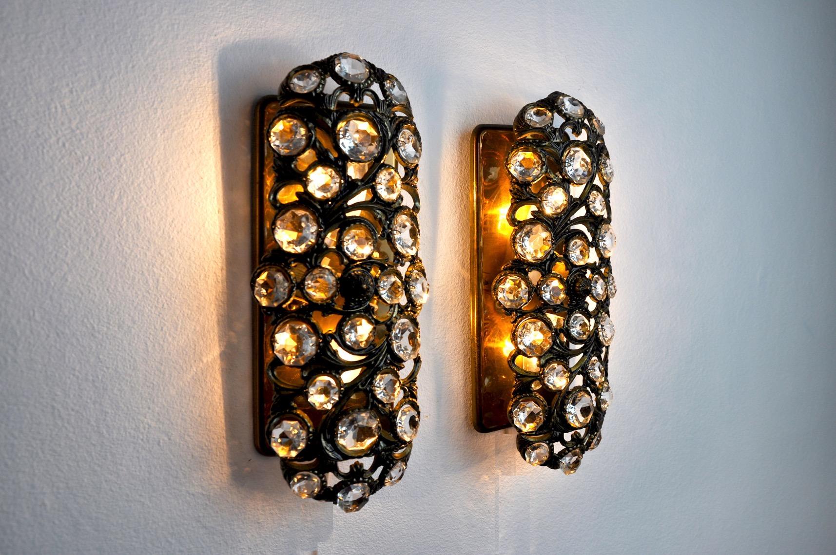 Crystal Pair of Palwa sconces by Ernest Palm, 1960s, Spain For Sale