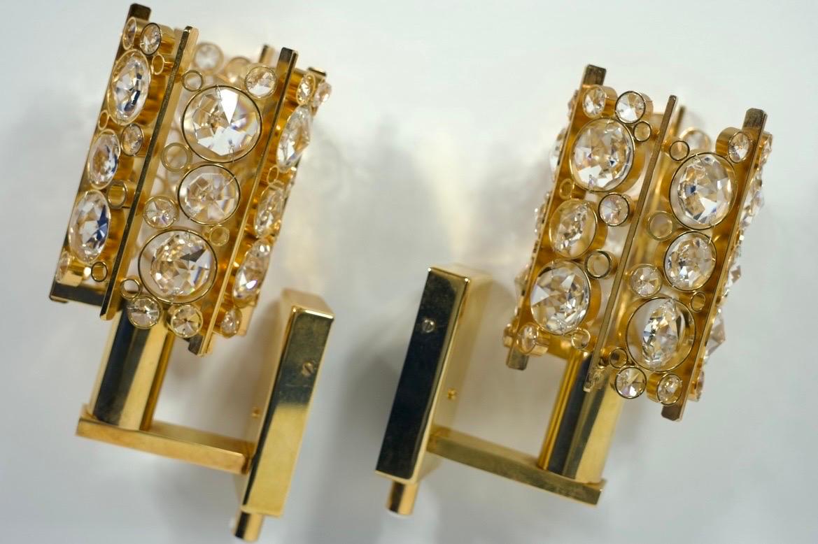 German Pair of Palwa Sconces Swarovski Crystals on a Gold-Plated Frame, Vienna, 1960 For Sale