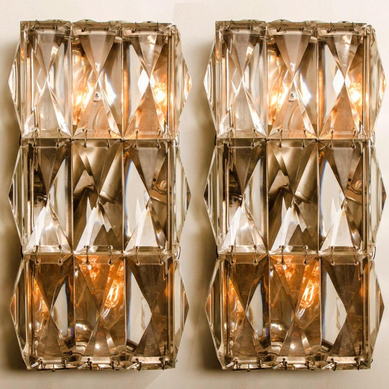 Mid-Century Modern Pair of Palwa Wall Light Fixtures, Chrome-Plated Crystal Glass, 1970 For Sale