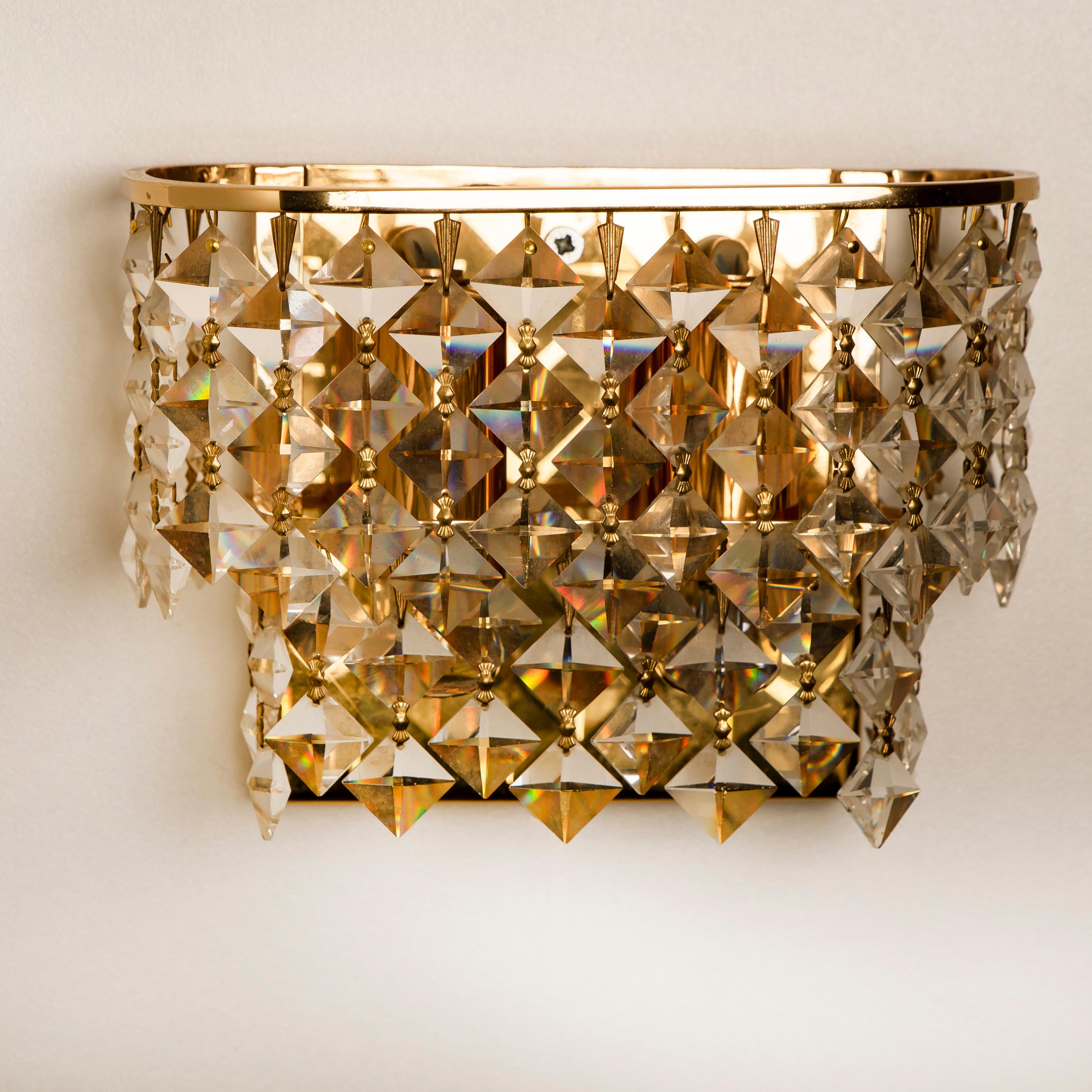 Pair of Palwa Wall Sconces, Gilded Brass and Crystal Glass, Germany, 1960s For Sale 5