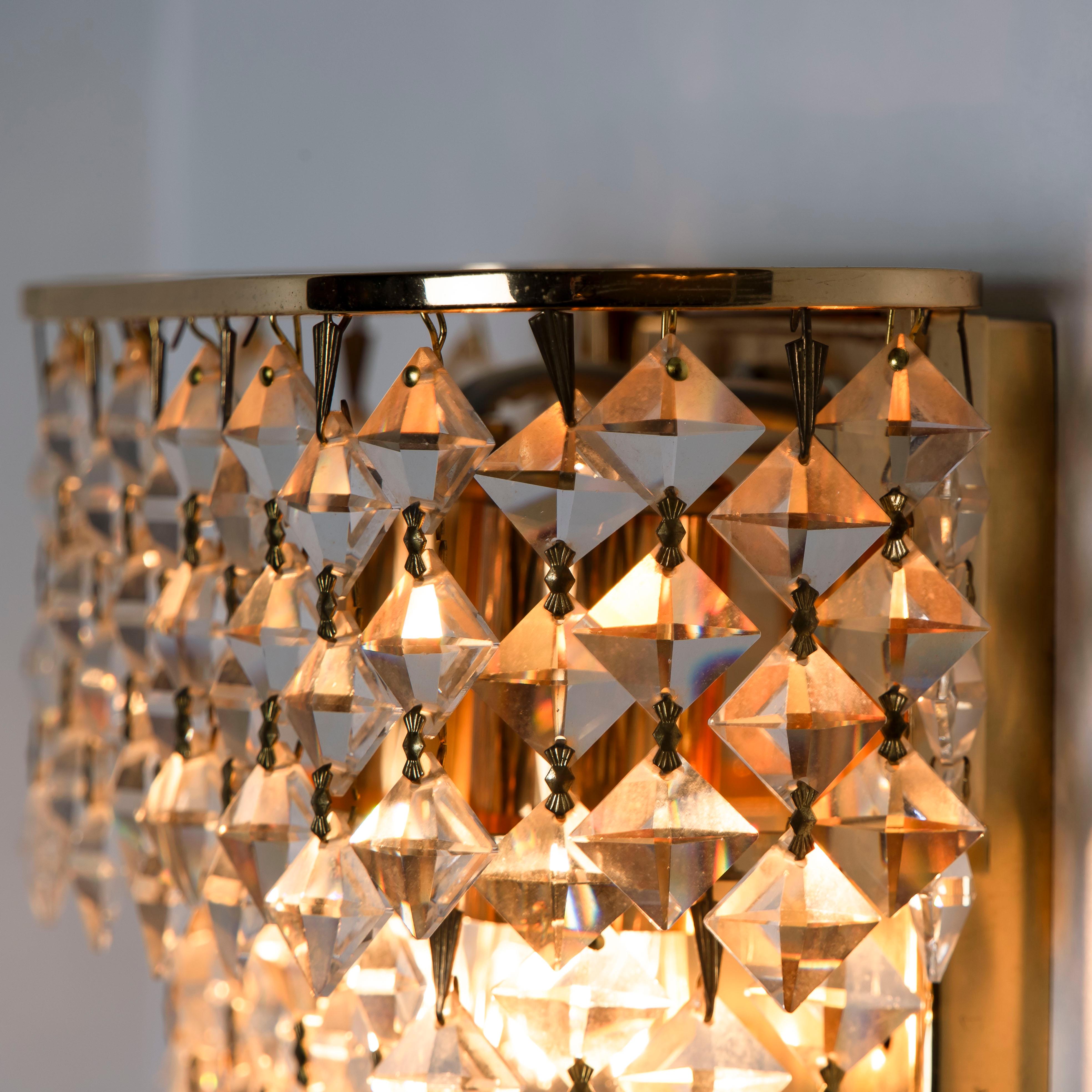 Pair of Palwa Wall Sconces, Gilded Brass and Crystal Glass, Germany, 1960s For Sale 1