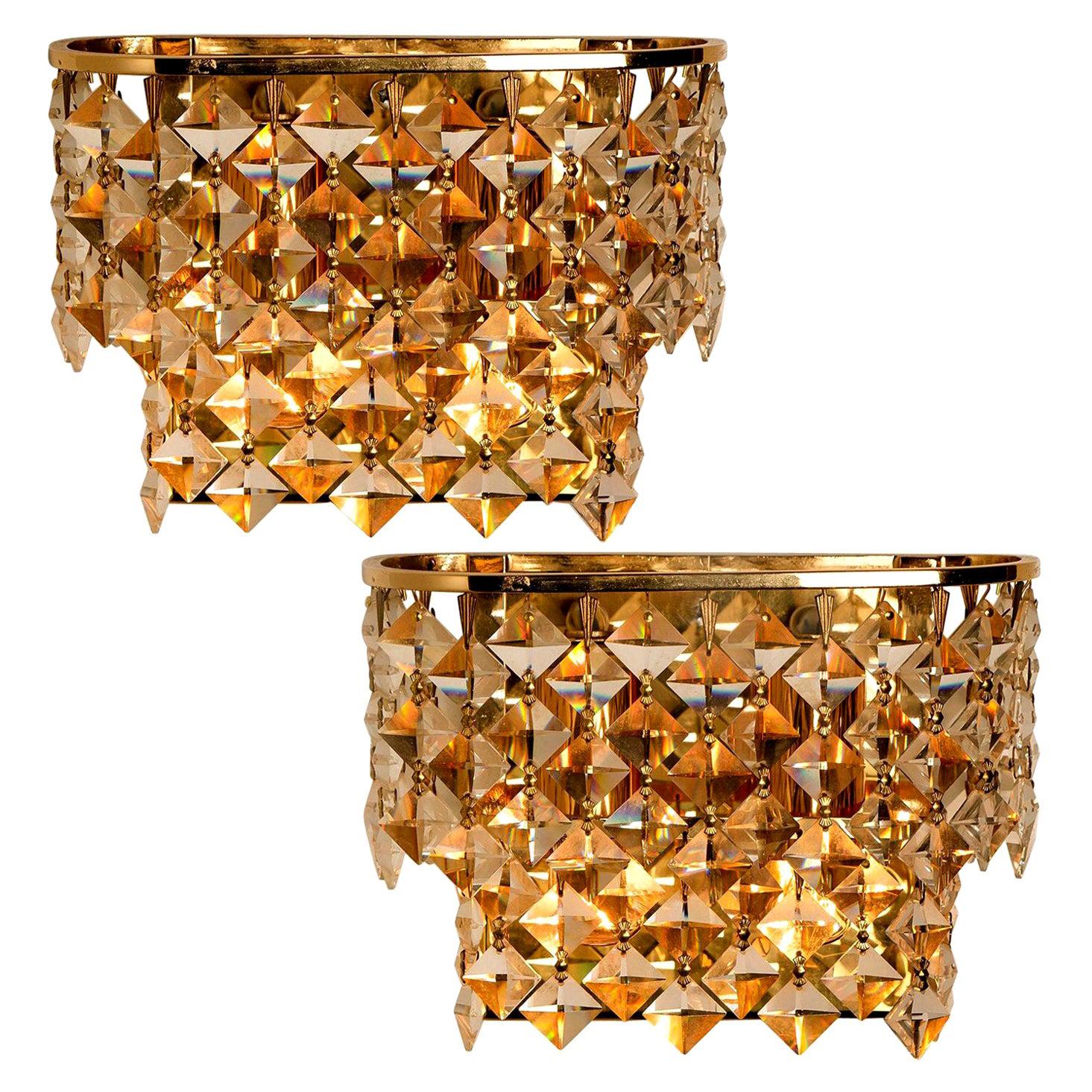Pair of Palwa Wall Sconces, Gilded Brass and Crystal Glass, Germany, 1960s