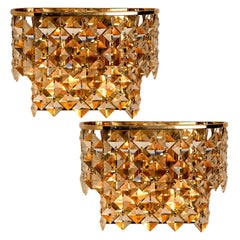Vintage Pair of Palwa Wall Sconces, Gilded Brass and Crystal Glass, Germany, 1960s