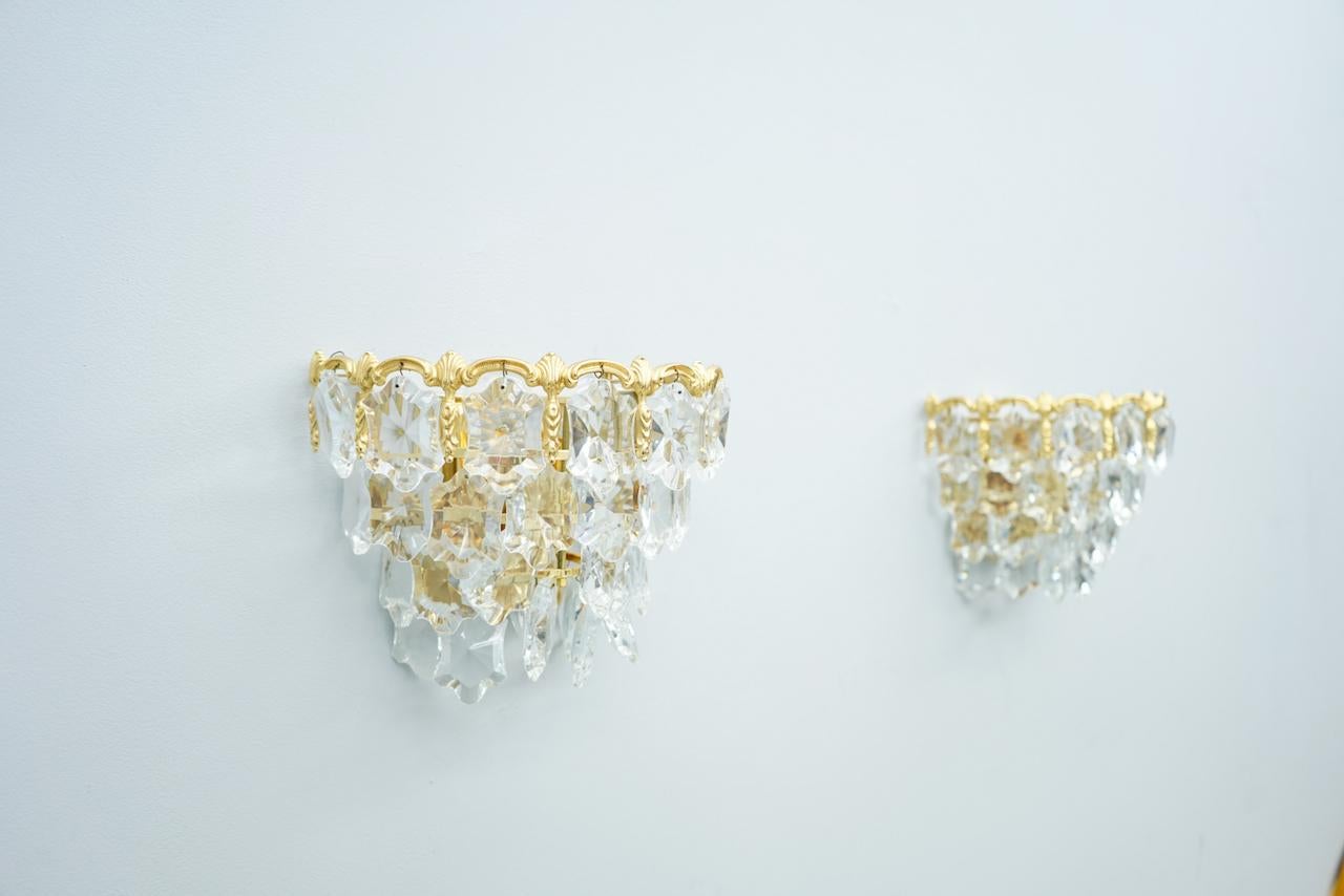 Mid-20th Century Pair of Palwa Wall Sconces Lights Brass and Crystal Glass, 1960s For Sale
