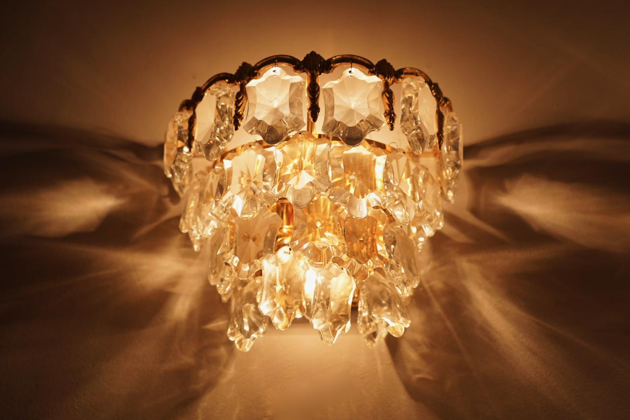 Pair of Palwa Wall Sconces Lights Brass and Crystal Glass, 1960s For Sale 1