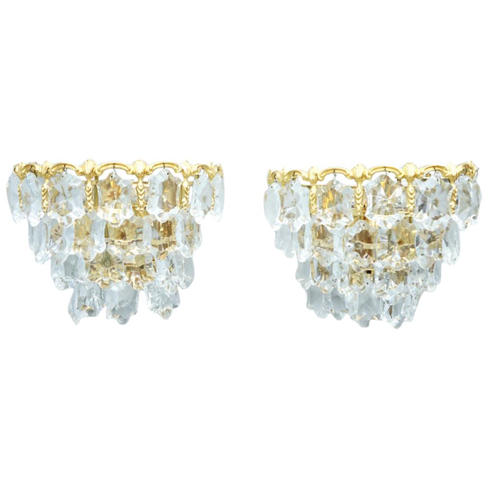 Pair of Palwa Wall Sconces Lights Brass and Crystal Glass, 1960s For Sale
