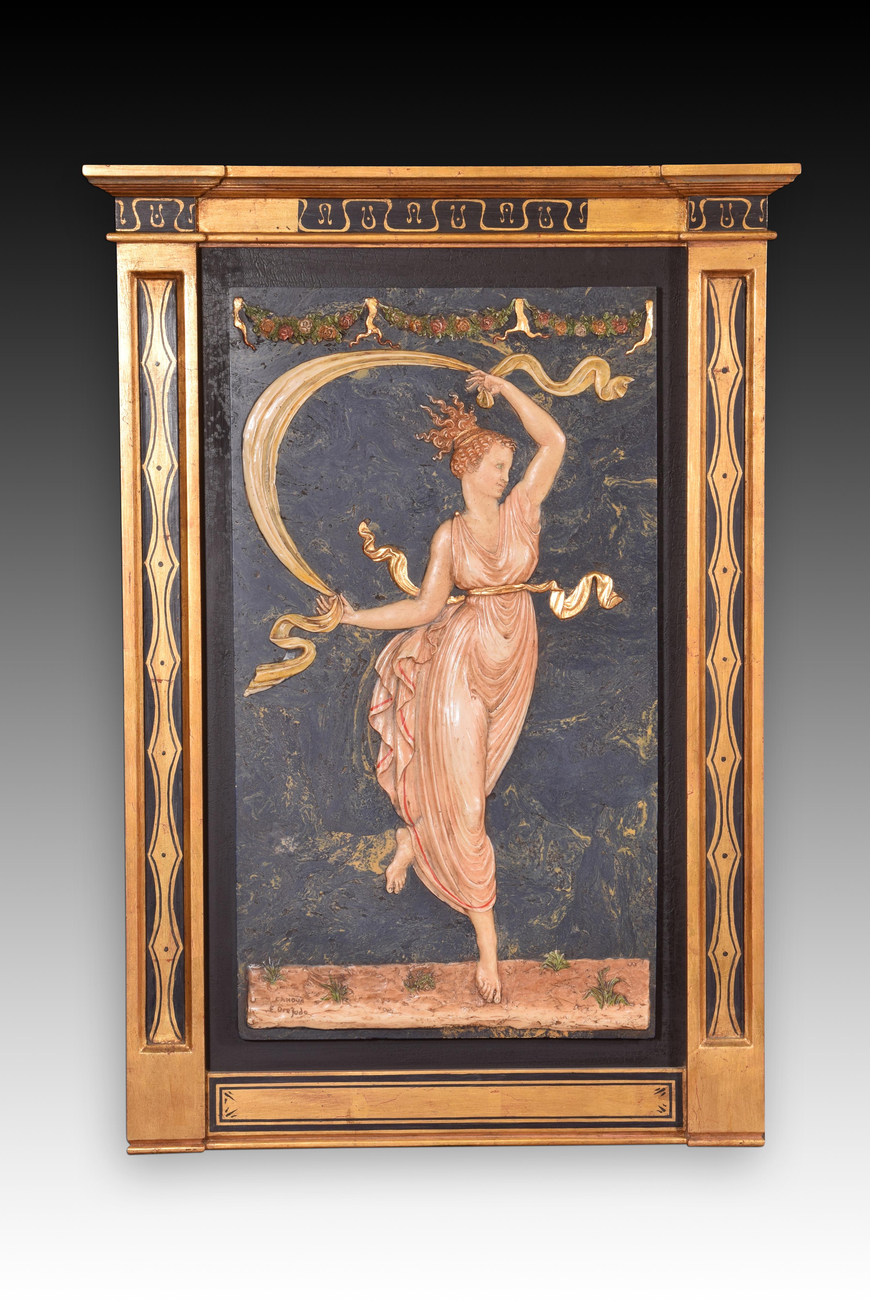 Tafelbildpaar, Tänzer. Geformter Alabaster. 20. Jahrhundert, inspiriert von CANOVA, Antonio (1757-1822). 
Ein Paar Reliefs mit Rahmen aus Alabaster, der mit Polychromie geformt ist, inspiriert von den Reliefs, die zwei tanzende Jugendliche in einem