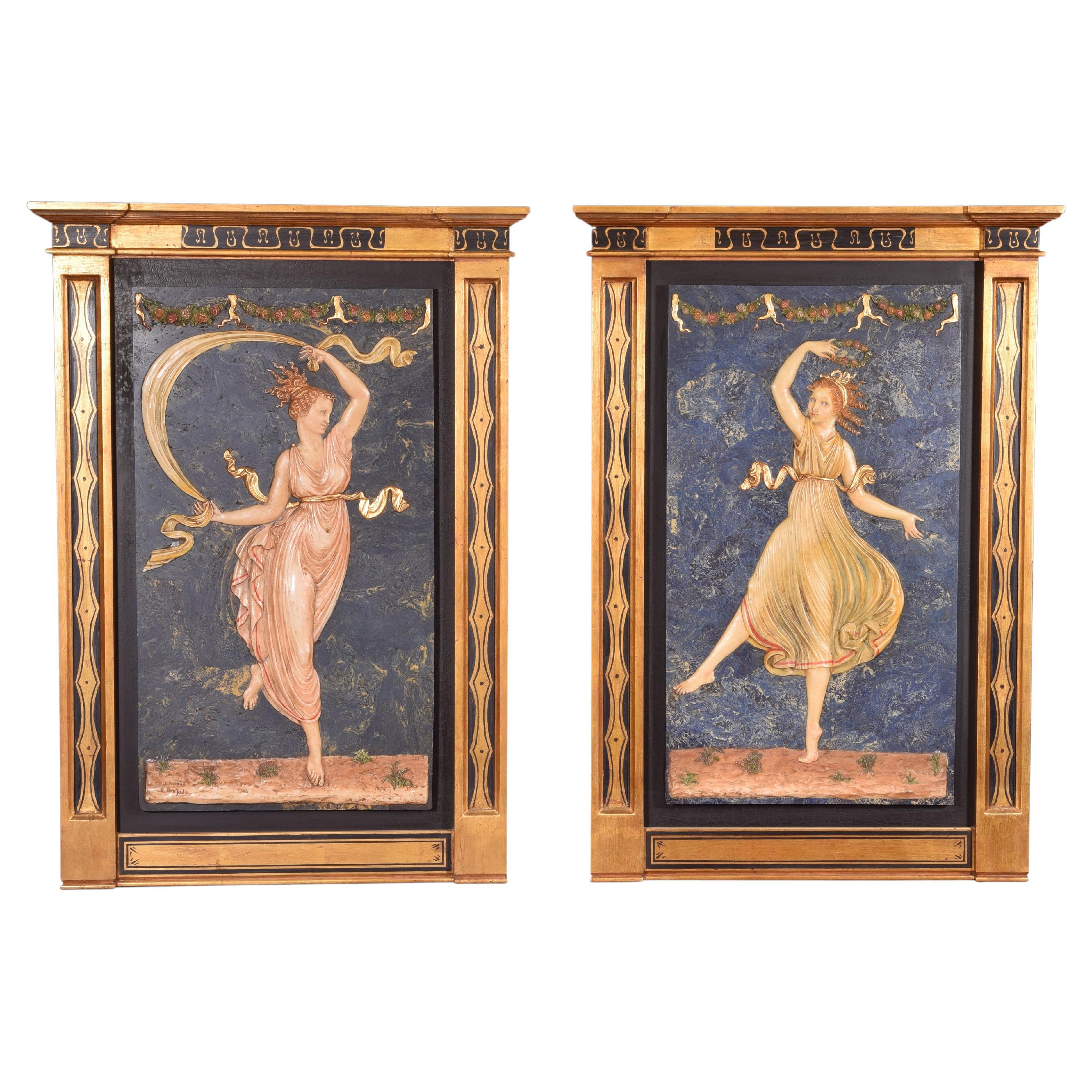 Tafelbildpaar, Tänzer. Geformtes Alabaster. 20. Jahrhundert, nach CANOVA, Geweih im Angebot