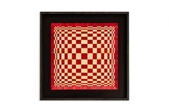 Pair of panels in red and gold straw marquetry. Contemporary.