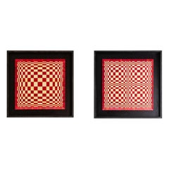 Pair of panels in red and gold straw marquetry. Contemporary.