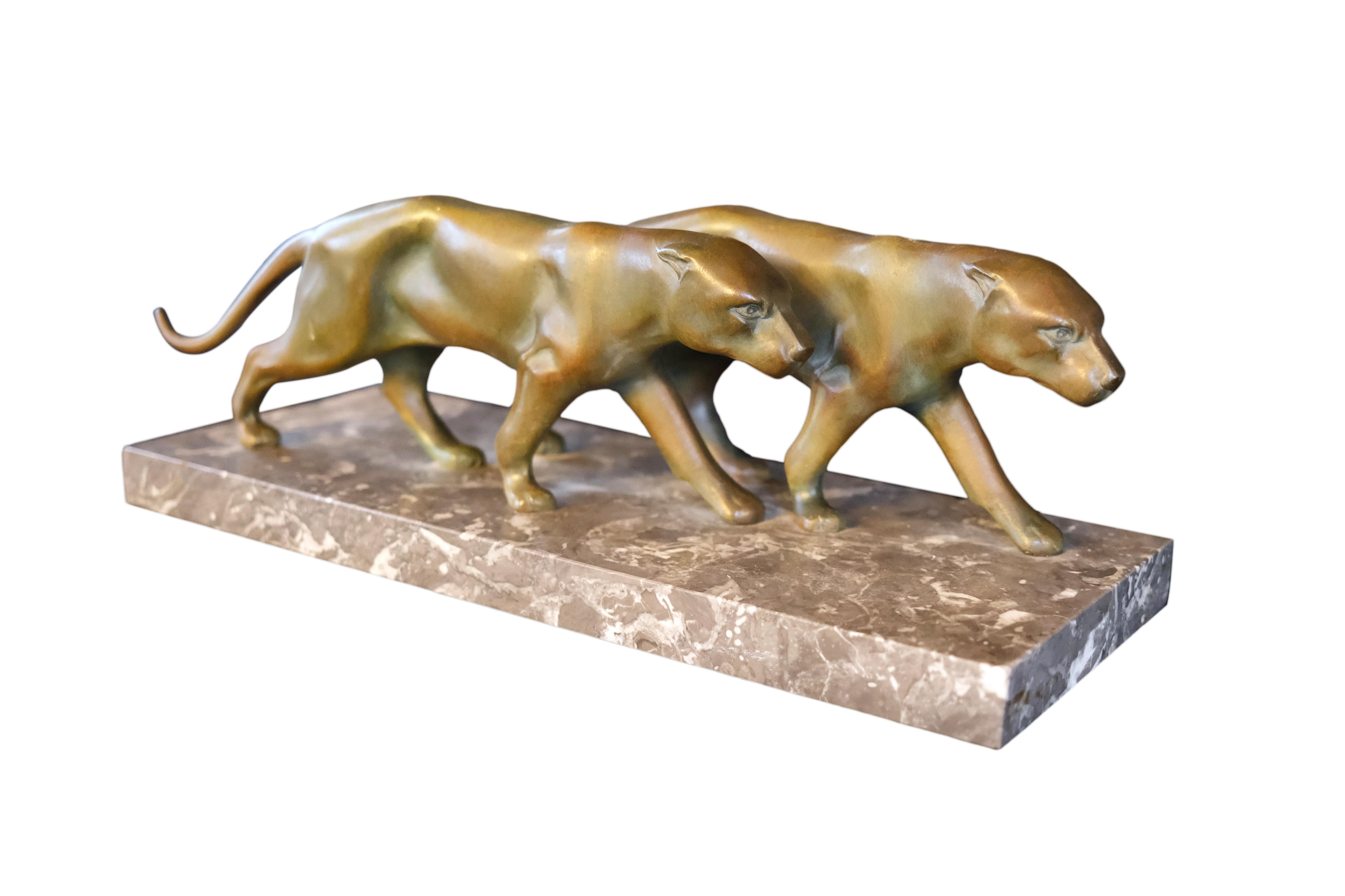 French Pair of Panthers Art Deco Sculpture 1930s on Marble Base