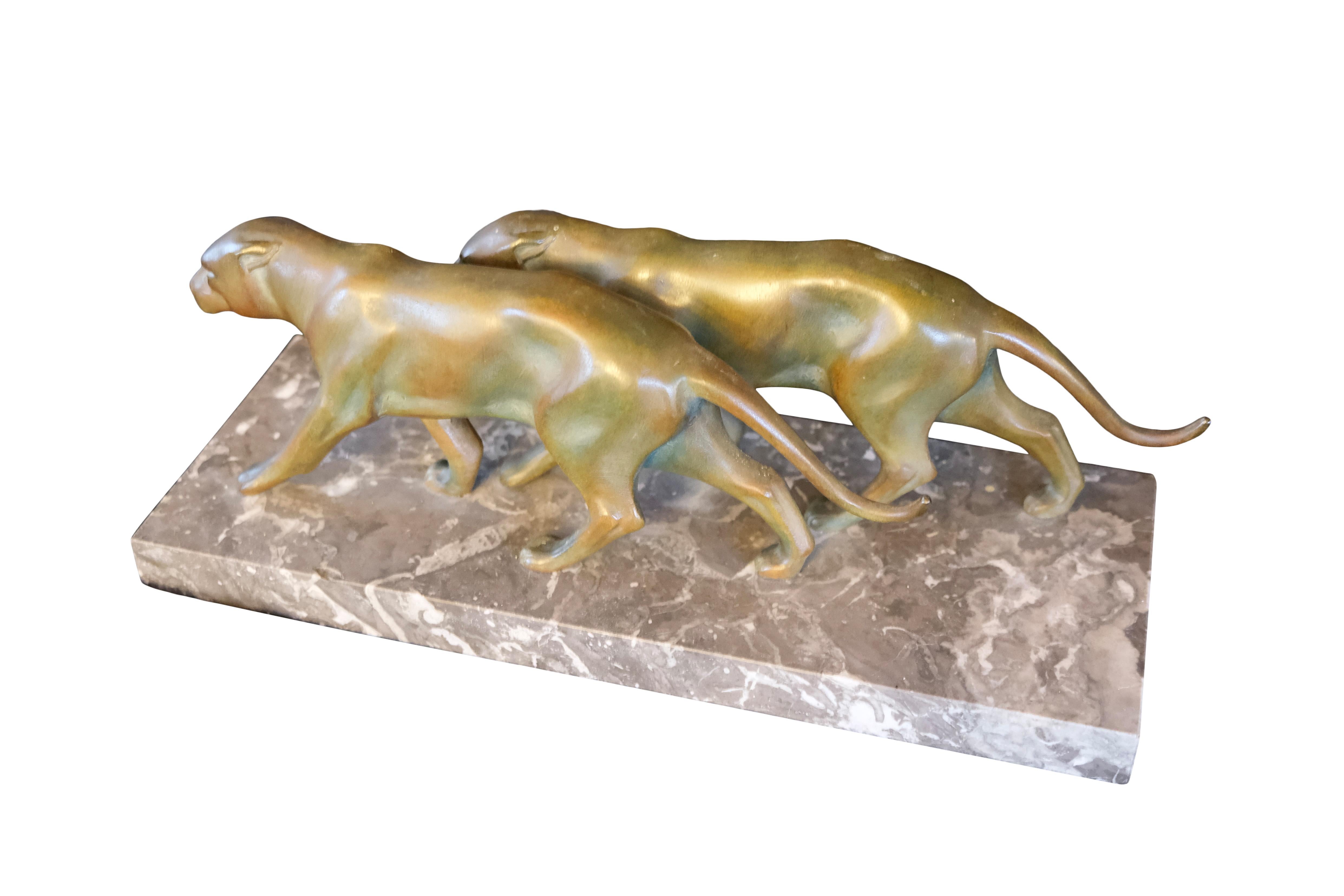 Spelter Pair of Panthers Art Deco Sculpture 1930s on Marble Base