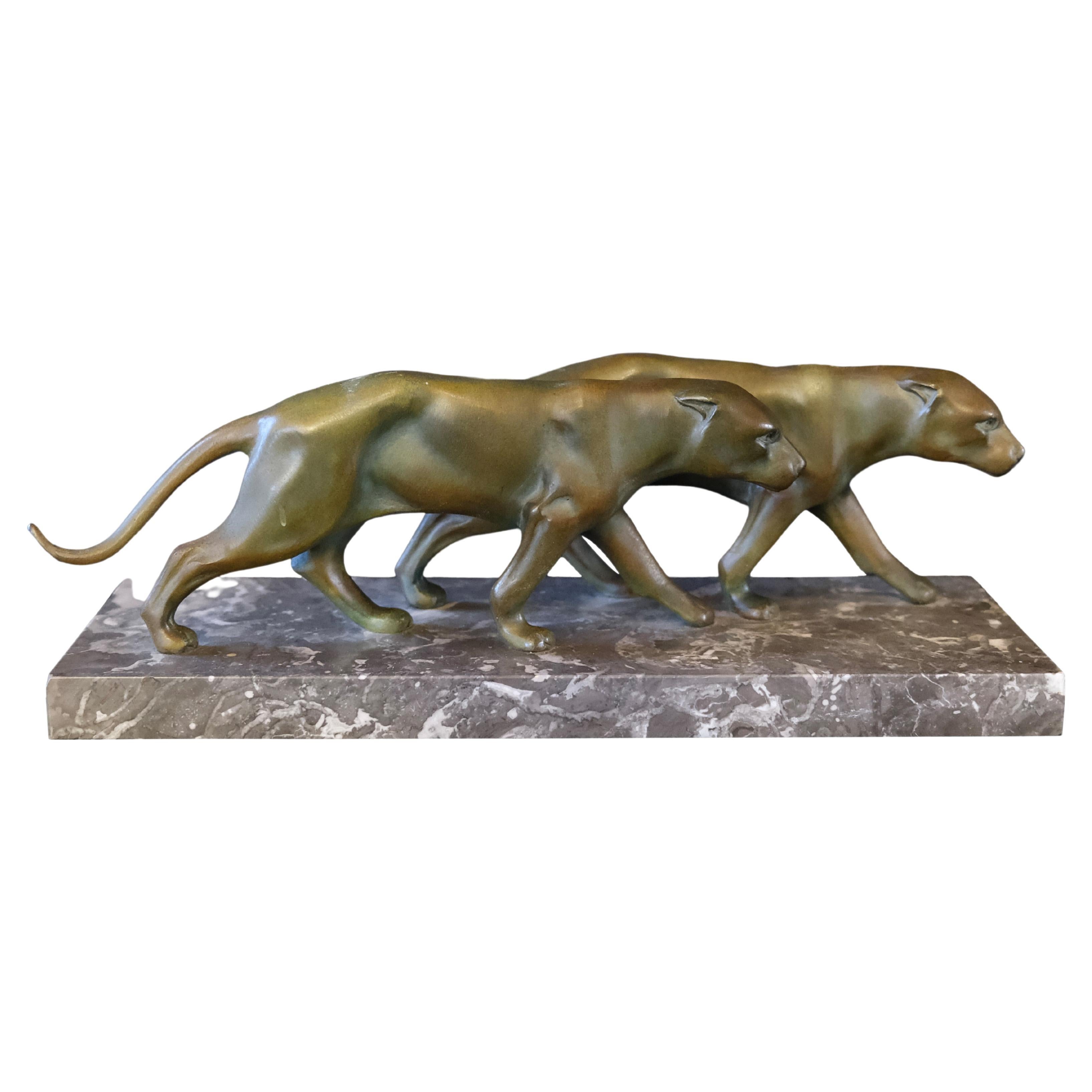 Pair of Panthers Art Deco Sculpture 1930s on Marble Base
