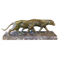 Pair of Panthers Art Deco Sculpture 1930s on Marble Base