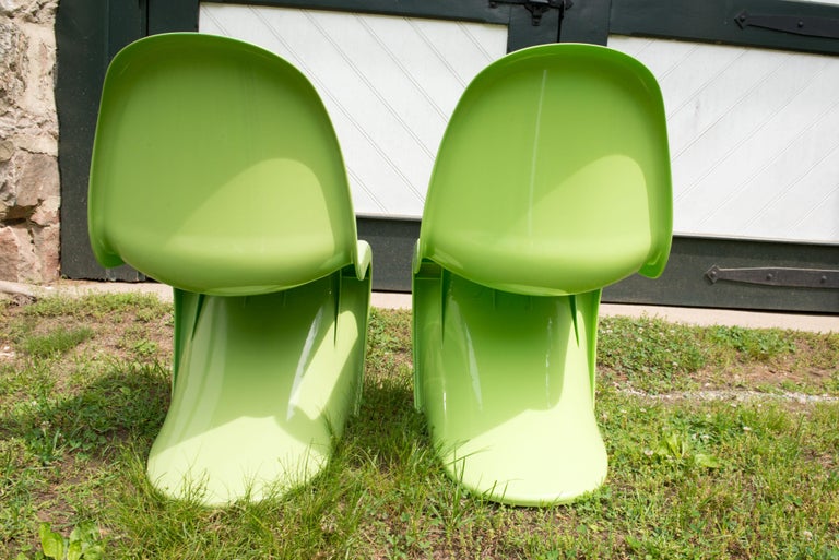 Plastic Pair of Panton Classic Chairs in Lime Green For Sale
