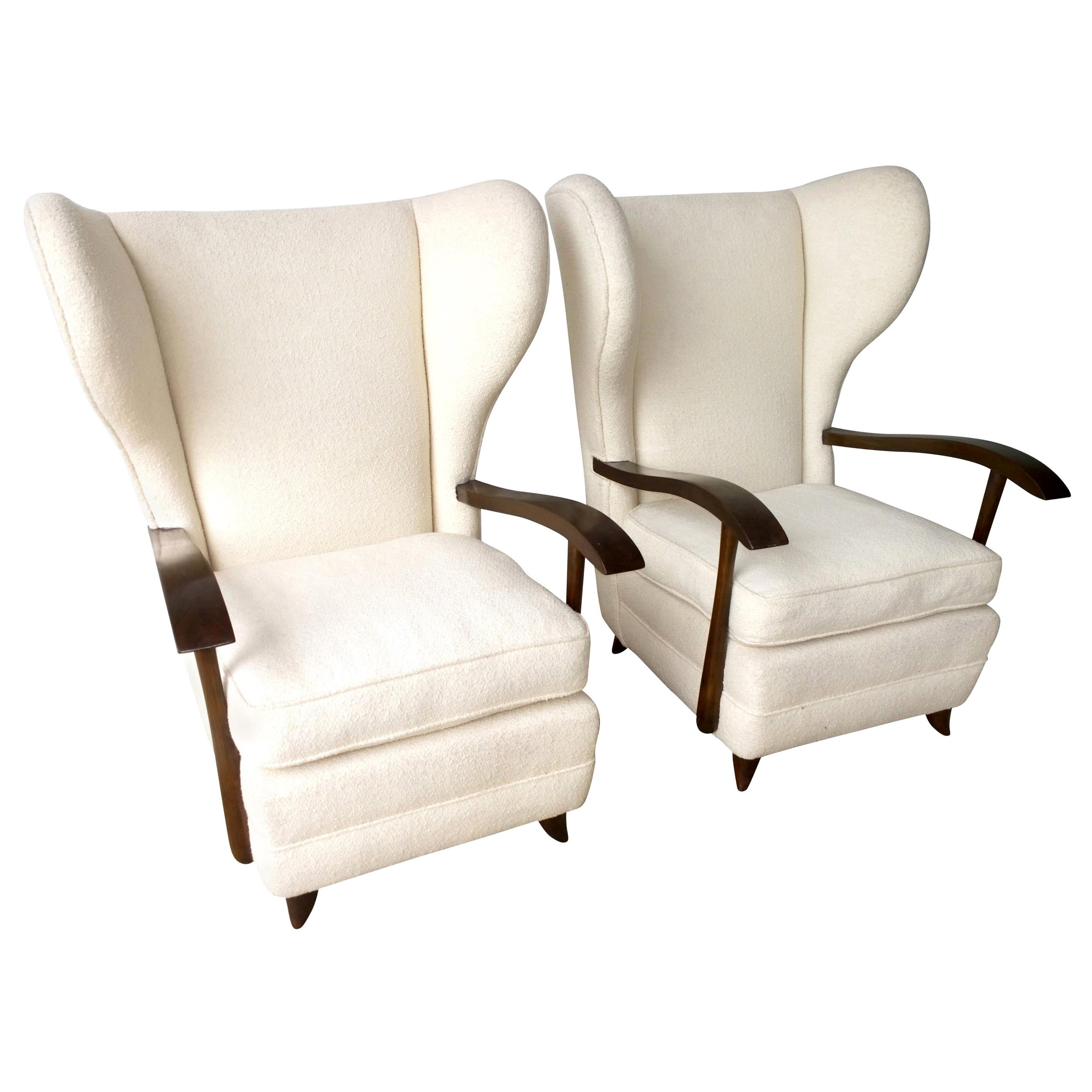 Pair of Paola Buffa Mahogany Frame and White Wool Boucle Arm or Lounge Chairs For Sale