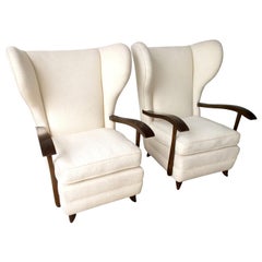 Pair of Paola Buffa Mahogany Frame and White Wool Boucle Arm or Lounge Chairs
