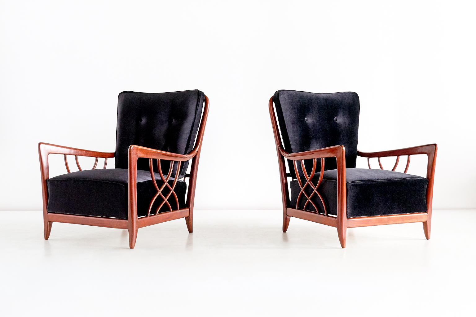 Italian Pair of Paolo Buffa Armchairs in Mahogany and Black Velvet, Italy, 1940s