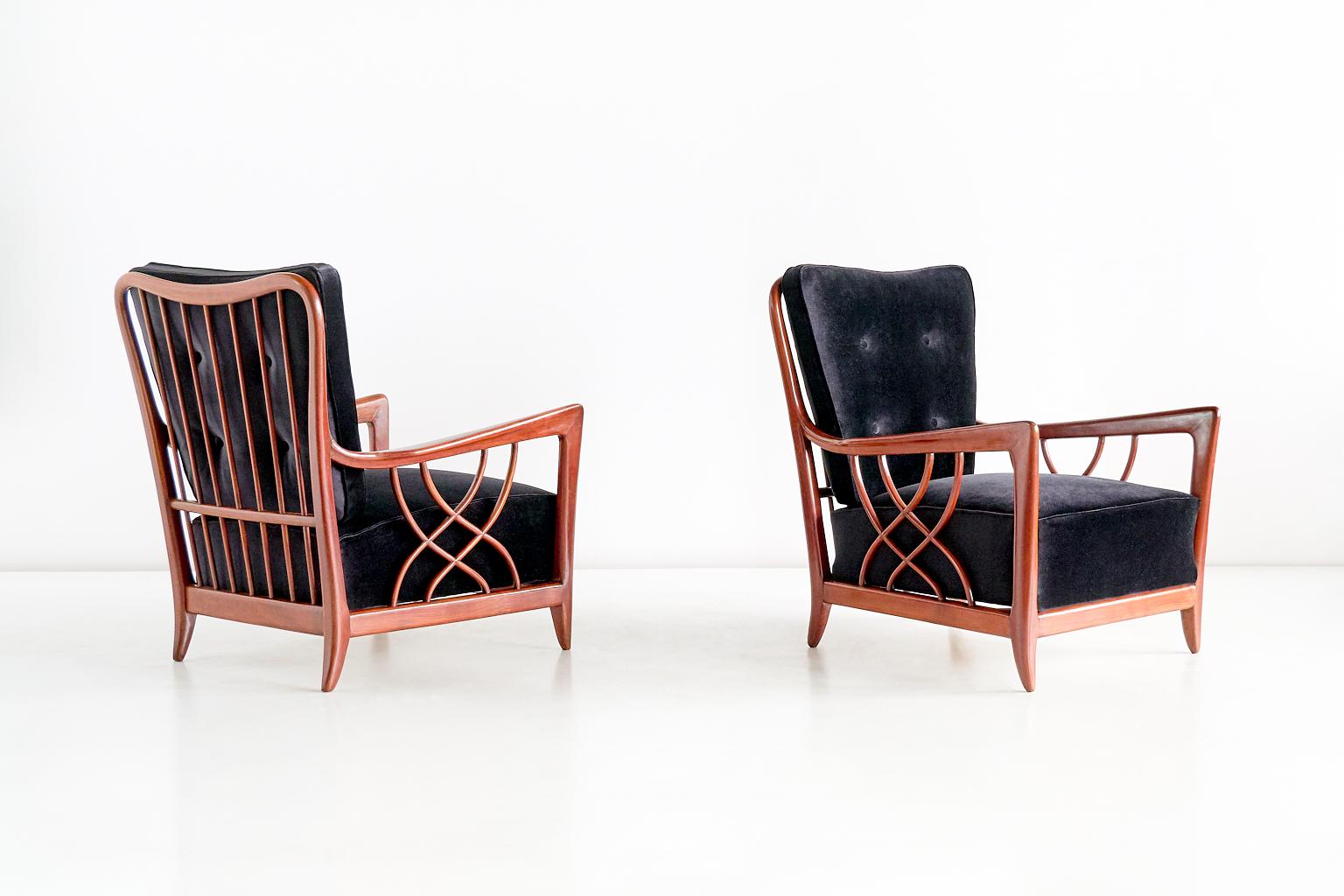 Fabric Pair of Paolo Buffa Armchairs in Mahogany and Black Velvet, Italy, 1940s