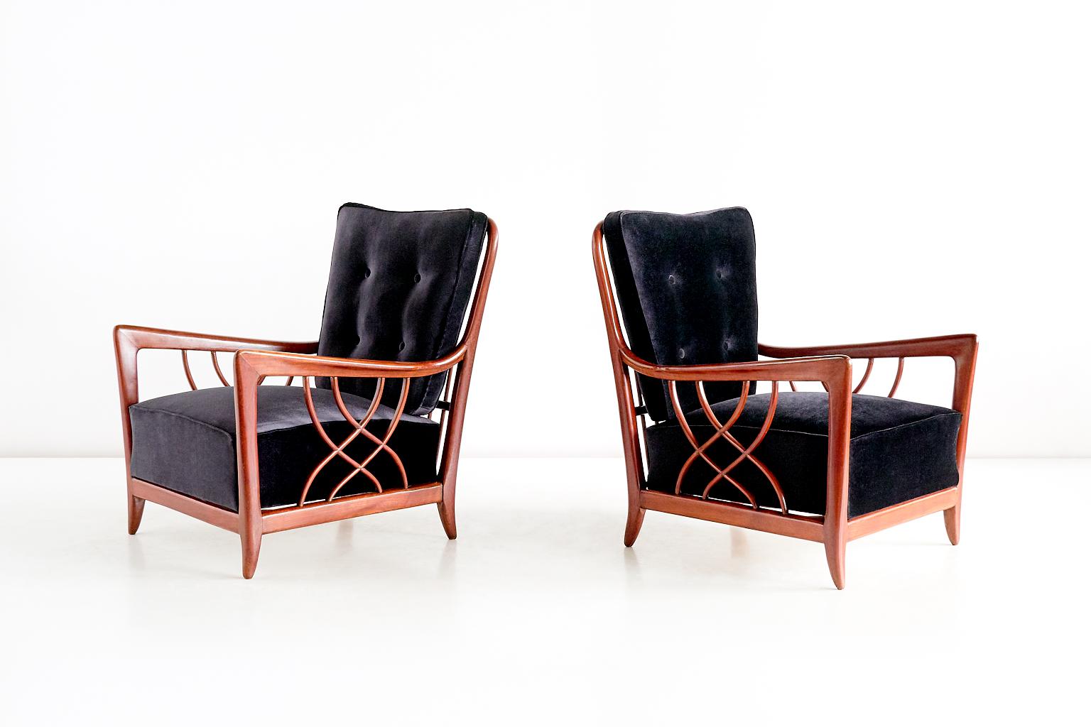 Pair of Paolo Buffa Armchairs in Mahogany and Black Velvet, Italy, 1940s 2