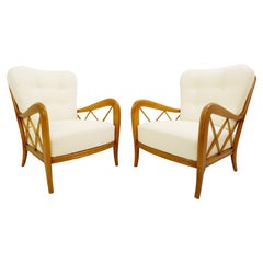 Pair of Paolo Buffa Armchairs, Italy circa 1940, New Cream White Upholstery