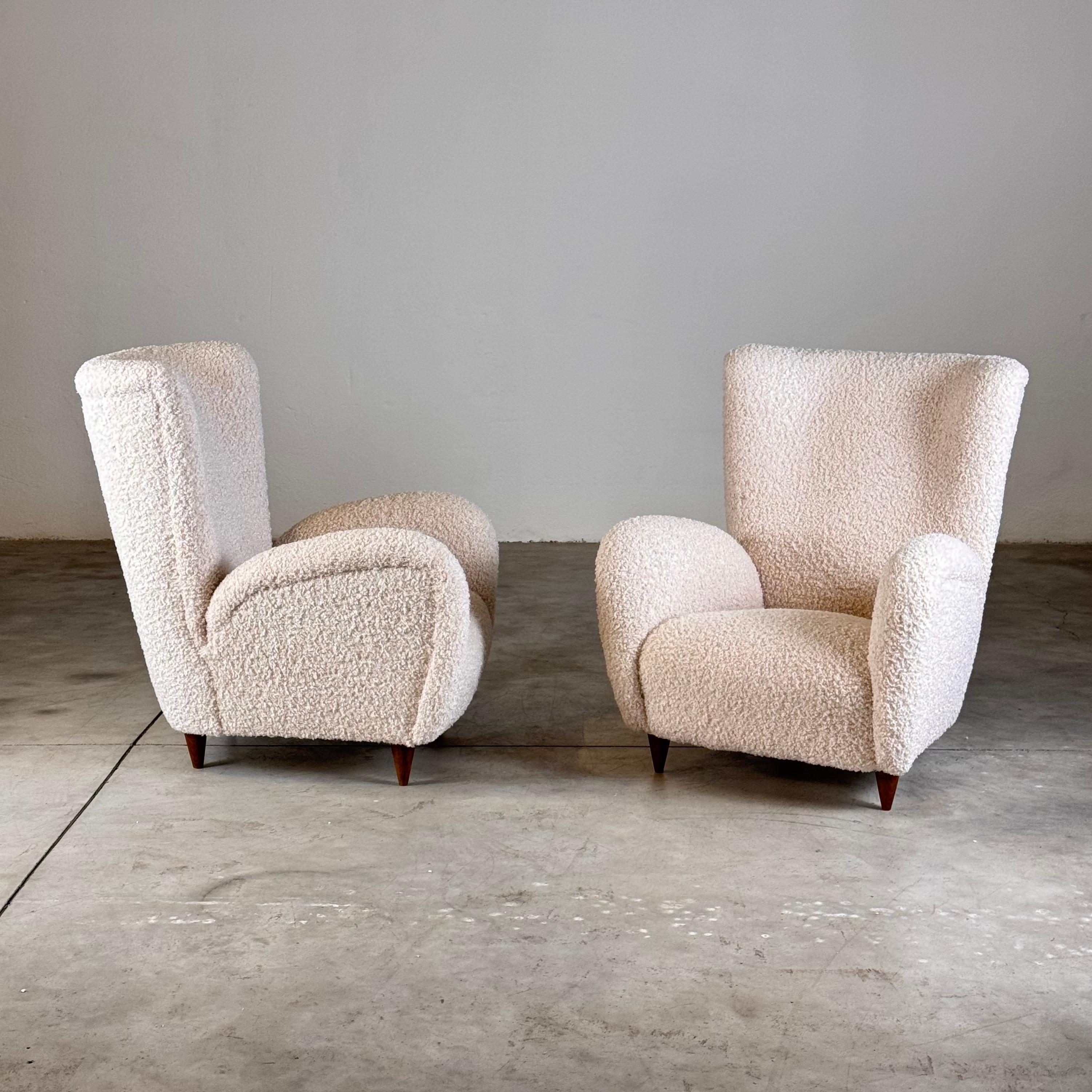 Mid-Century Modern Pair of Paolo Buffa Attr. Lounge Chairs, Faux Poodle Fabric & Walnut Legs, 1950s