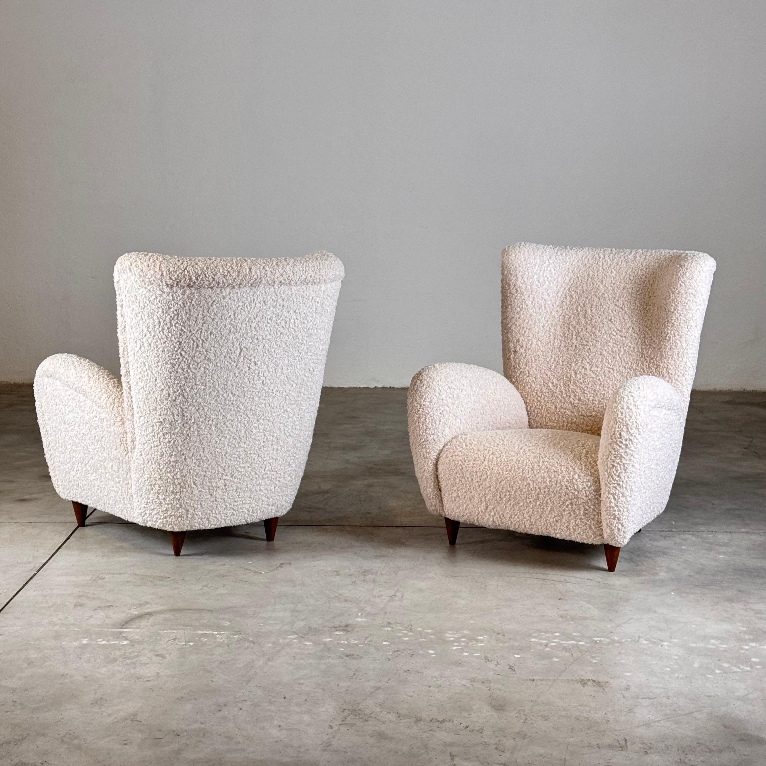 Italian Pair of Paolo Buffa Attr. Lounge Chairs, Faux Poodle Fabric & Walnut Legs, 1950s