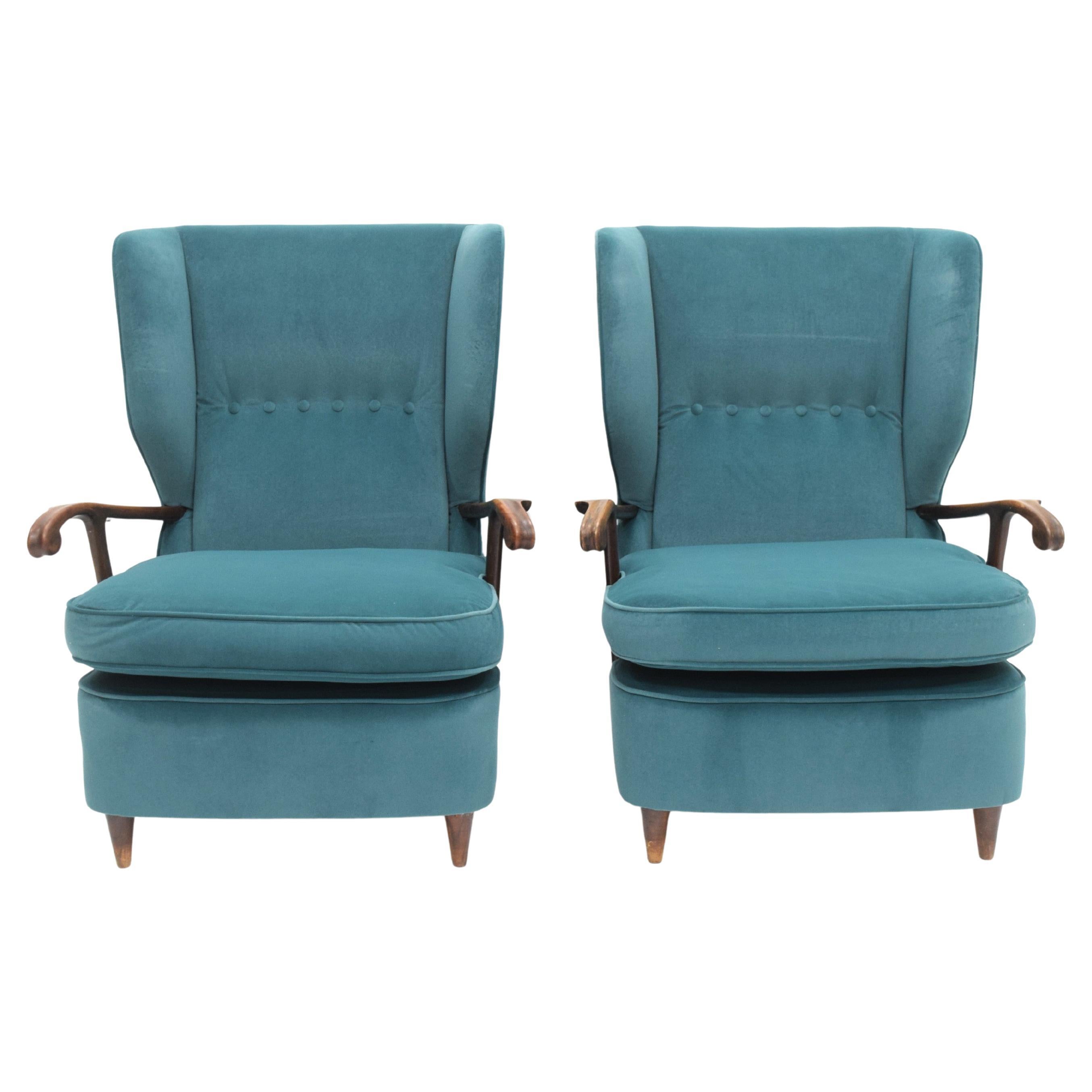 Paire de fauteuils en velours bleu de Paolo Buffa