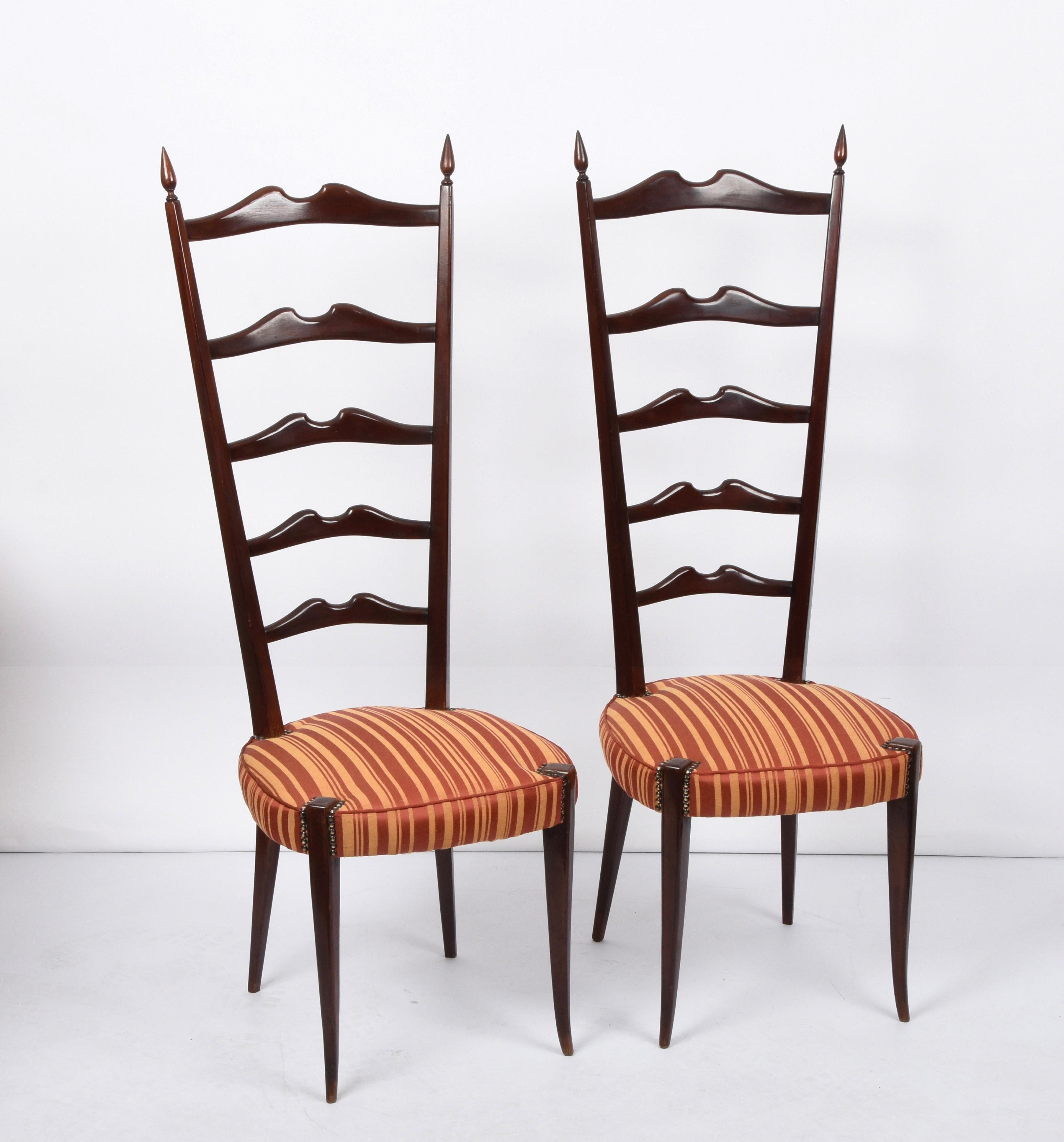 Mid-Century Modern Pair of Paolo Buffa Chiavari Wood Italian Chairs with Ladder High Back, 1950s