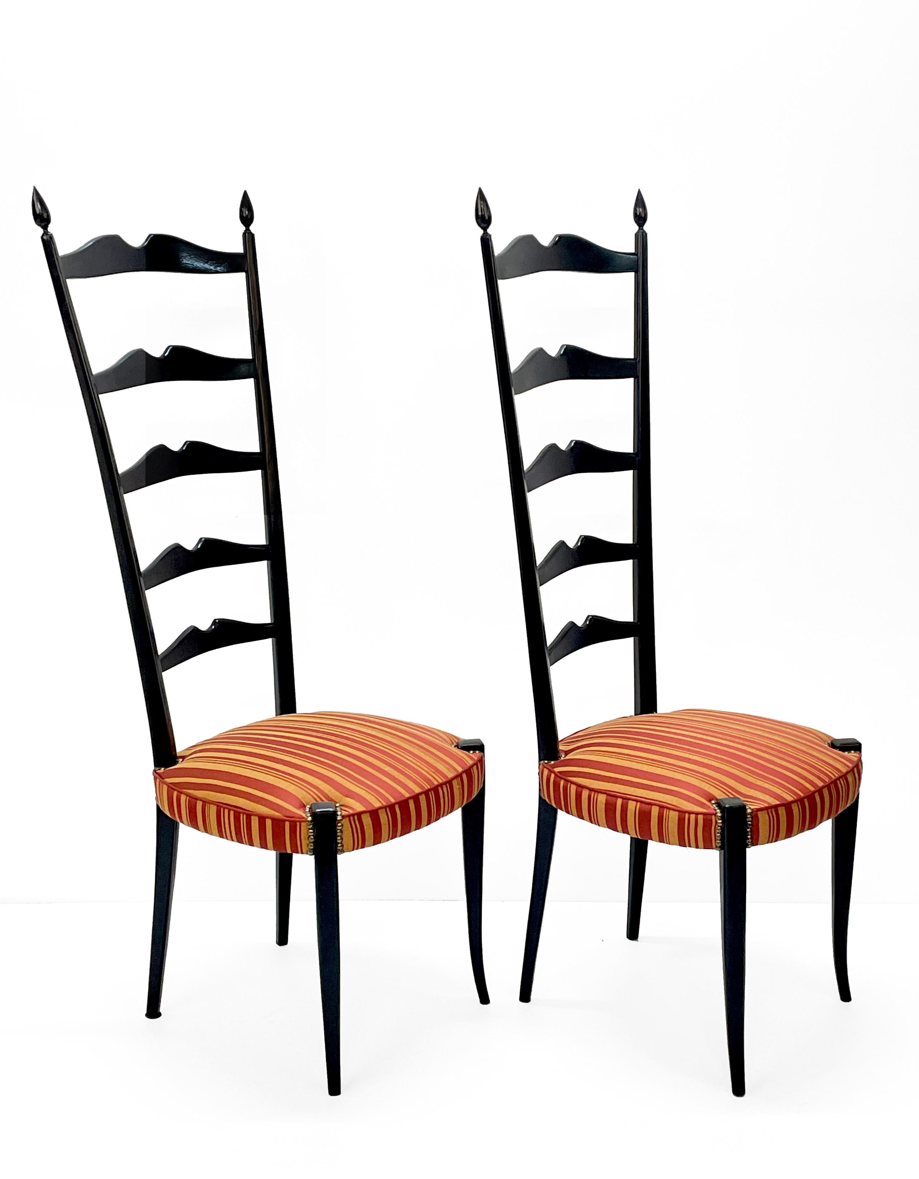 Fabric Pair of Paolo Buffa Chiavari Wood Italian Chairs with Ladder High Back, 1950s